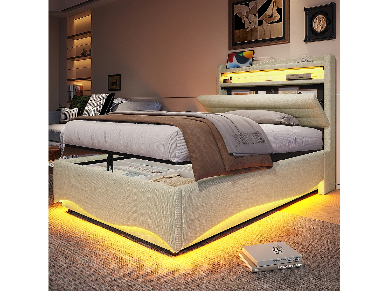 Łóżko hydrauliczne dla dzieci z pojemnikiem - 90 x 200 cm - z diodami LED + USB + zagłówek ze schowkiem - len - beż 4832369 - obrazek 1