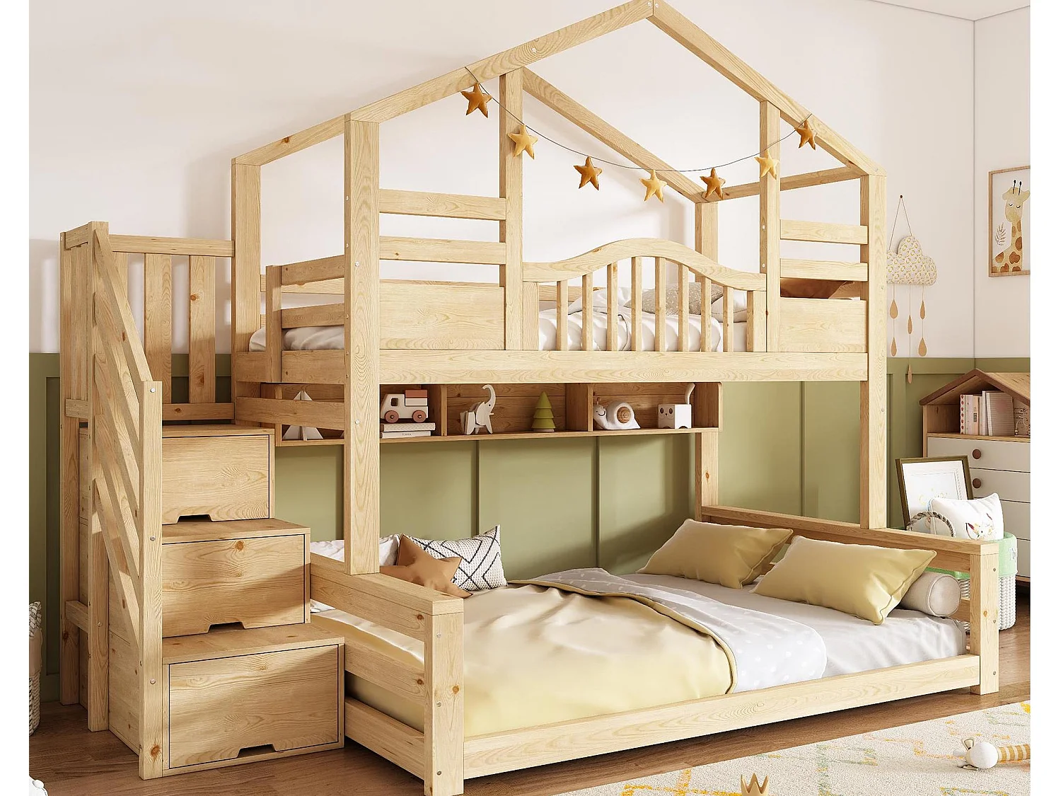 Łóżko piętrowe 90x200cm + 140x200cm – projekt domku – z drabiną z pojemnikami i półkami – Lite drewno + MDF – Naturalny​ (bez materaca) 4832387