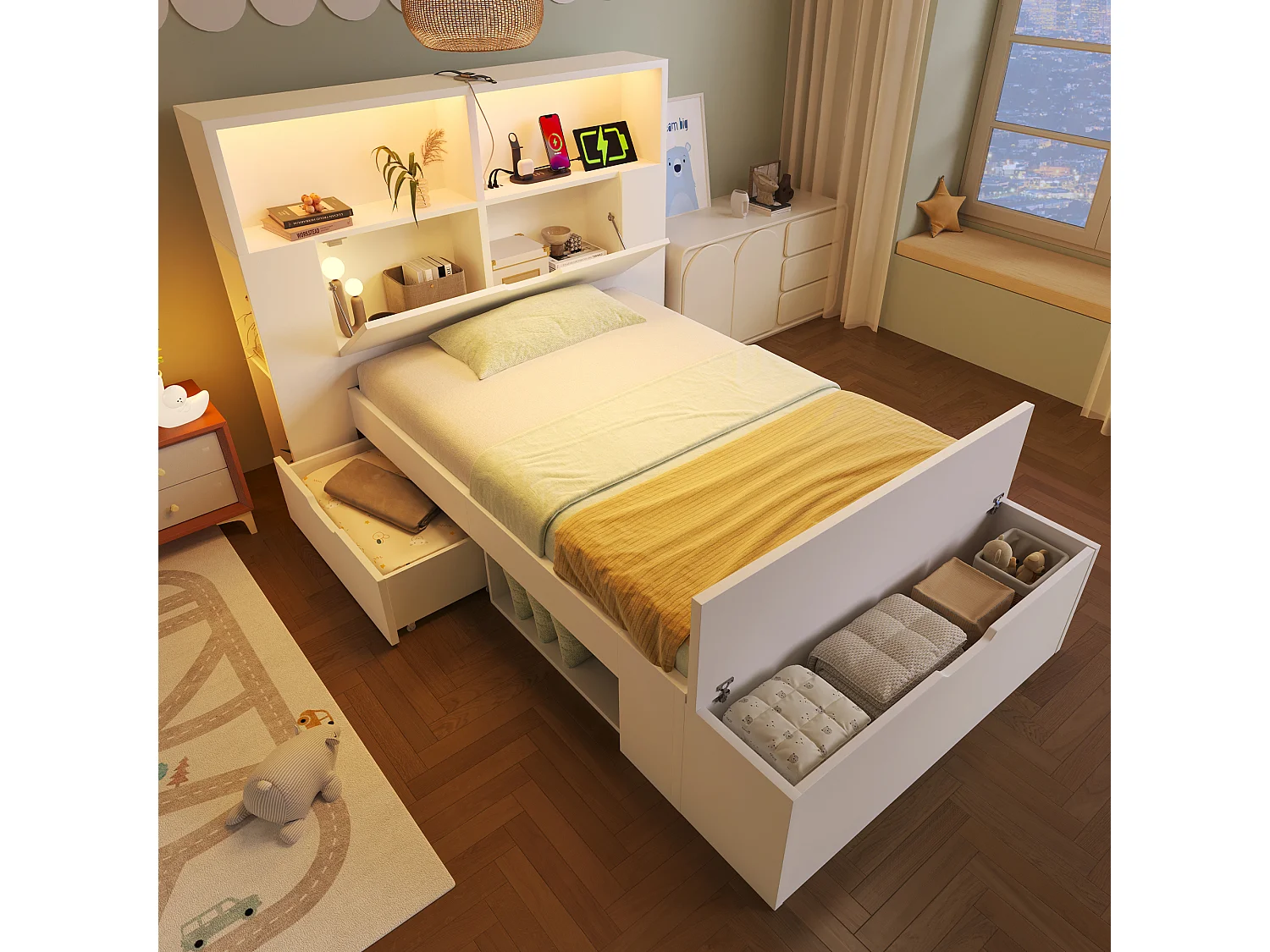 Łóżko dziecięce drewniane z pojemnikiem - 90 x 200 cm - z zagłówkiem ze schowkiem + diody LED + USB + szuflady + ławka - drewno - białe 4832410 - obrazek 1