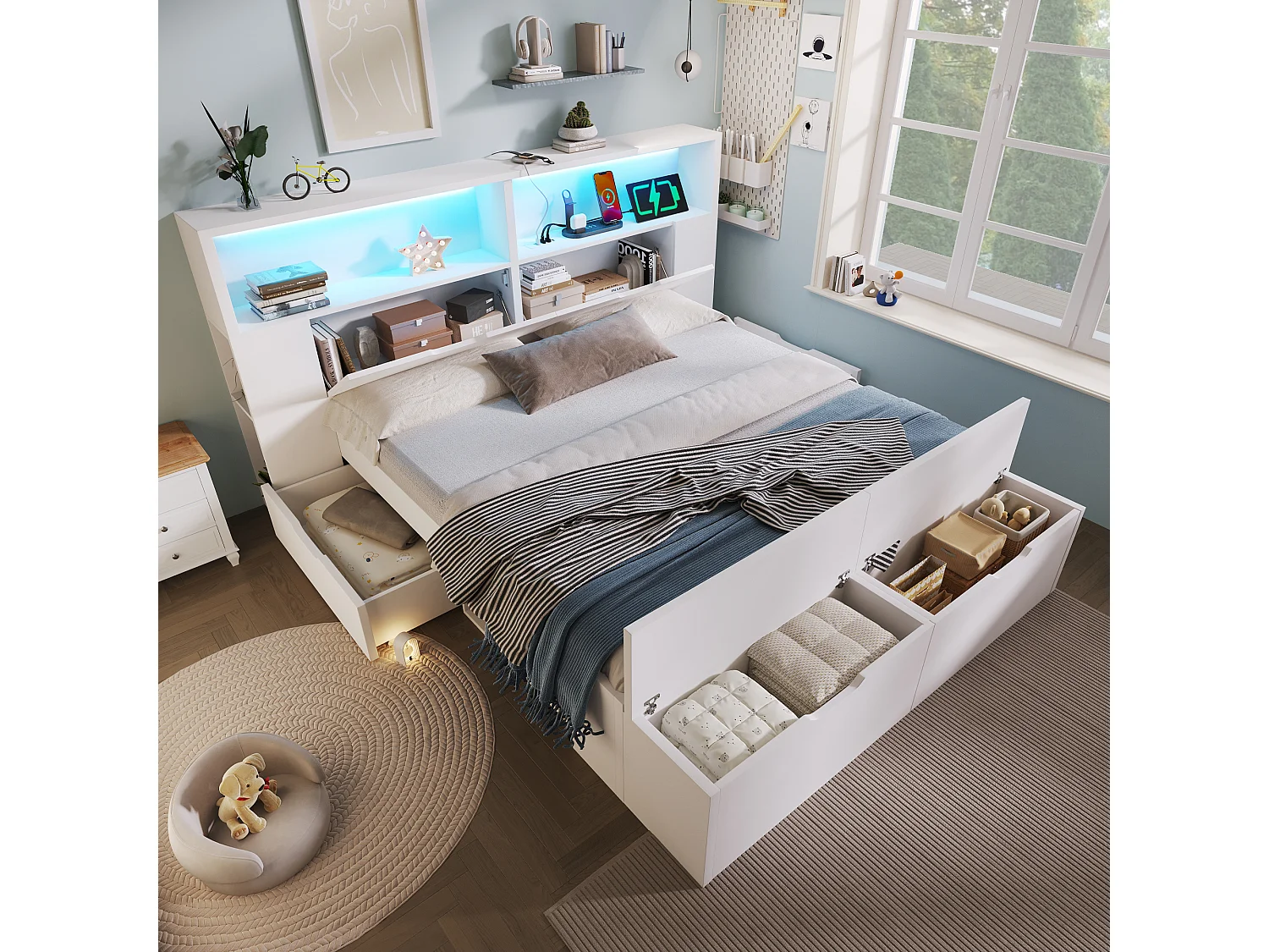 Łóżko dziecięce drewniane z pojemnikiem - 140 x 200 cm - z zagłówkiem ze schowkiem + diody LED + USB + szuflady + ławka - drewno - białe 4832431 - obrazek 1