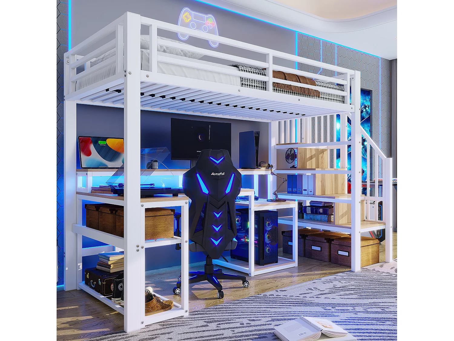 Łóżko piętrowe dla dzieci - 90 x 200 cm - rama żeliwna - z półką + drabinka + diody LED + biurko + port USB - metalowe - białe 4832447 - obrazek 1