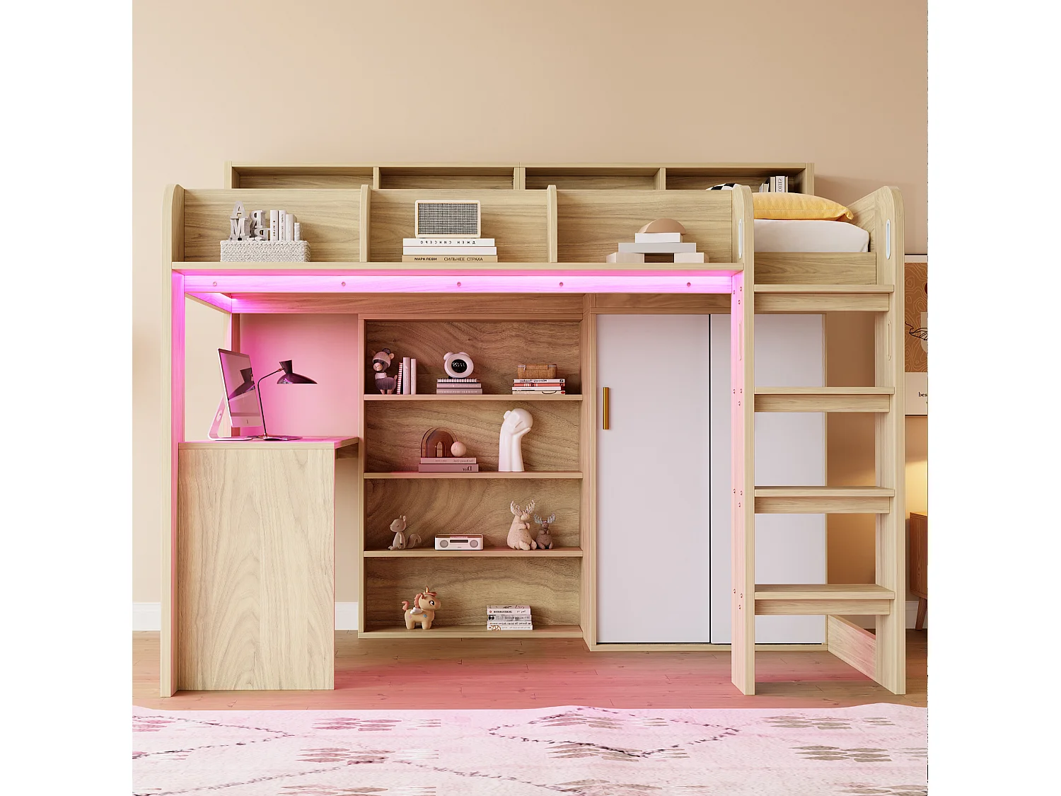 Łóżko piętrowe dla dzieci - 90 x 200 cm - z biurkiem + szafą + schowkiem + oświetleniem LED - MDF + płyta wiórowa - kolor naturalny 4832451 - obrazek 1