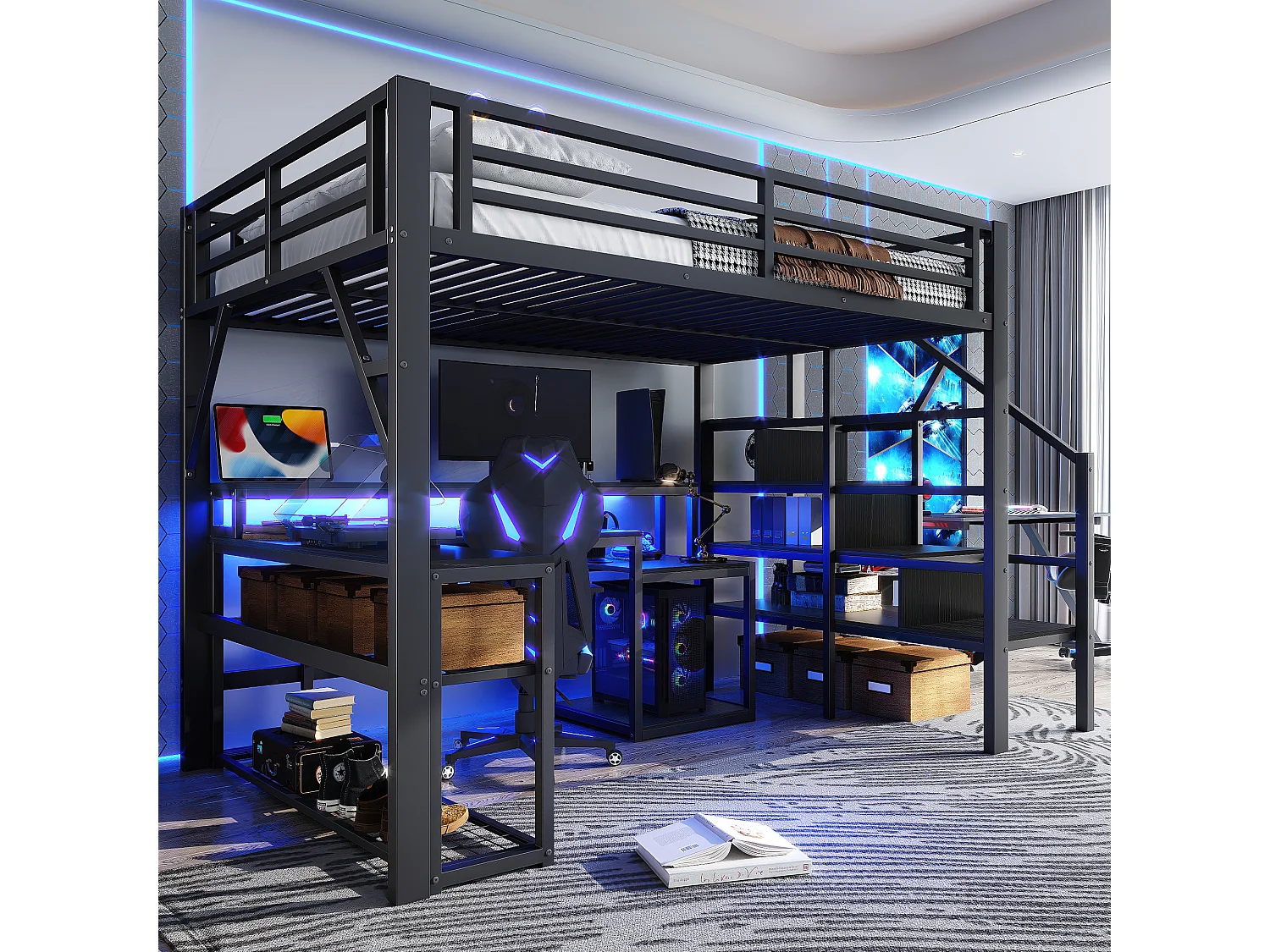 Łóżko piętrowe dla dzieci - 140 x 200 cm - rama żeliwna - z półką + drabinka + diody LED + biurko + port USB - metalowe - czarne 4832455 - obrazek 1