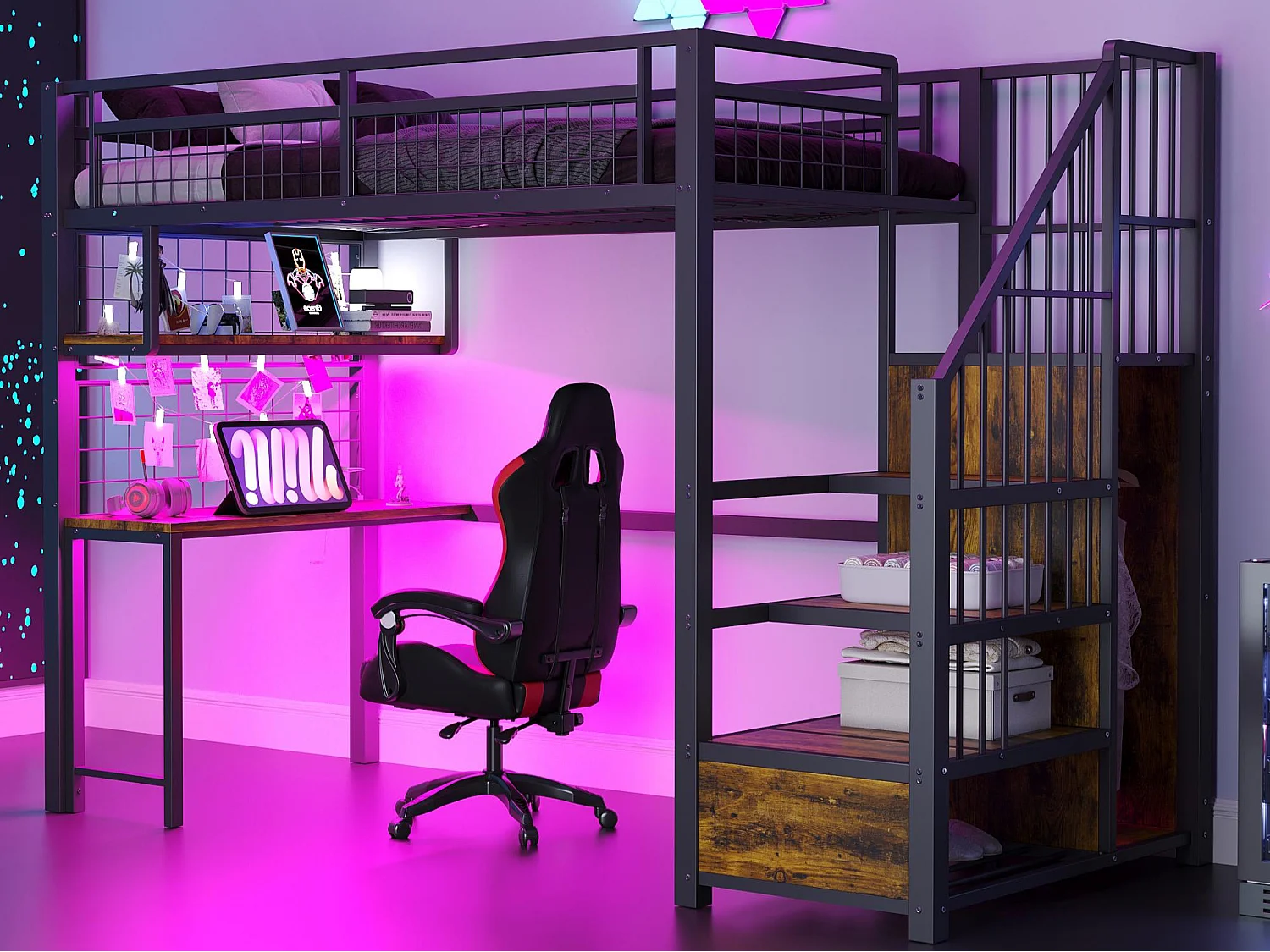 Łóżko na antresoli z metalu 90x200 cm - z oświetleniem LED i gniazdkiem do ładowania - zawiera drabinę z pojemnikami - z półkami i biurkiem - czarny 4832468 - obrazek 1