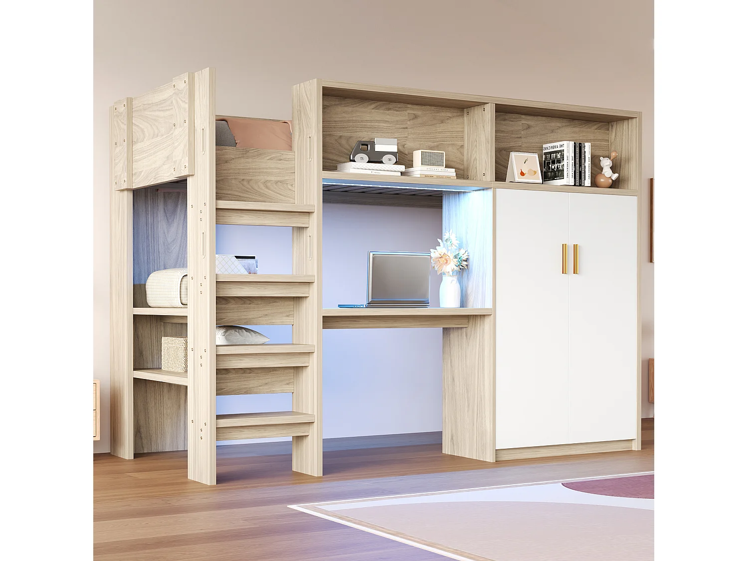 Łóżko piętrowe dla dzieci - 90 x 200 cm - z biurkiem + szafą + schowkiem + oświetleniem LED - MDF + płyta wiórowa - kolor naturalny 4832470 - obrazek 1