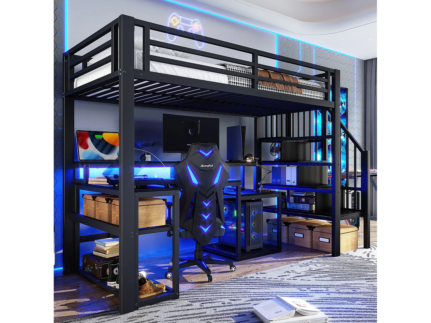Łóżko piętrowe dla dzieci - 90 x 200 cm - rama żeliwna - z półką + drabinka + diody LED + biurko + port USB - metalowe - czarne 4832486 - obrazek 1
