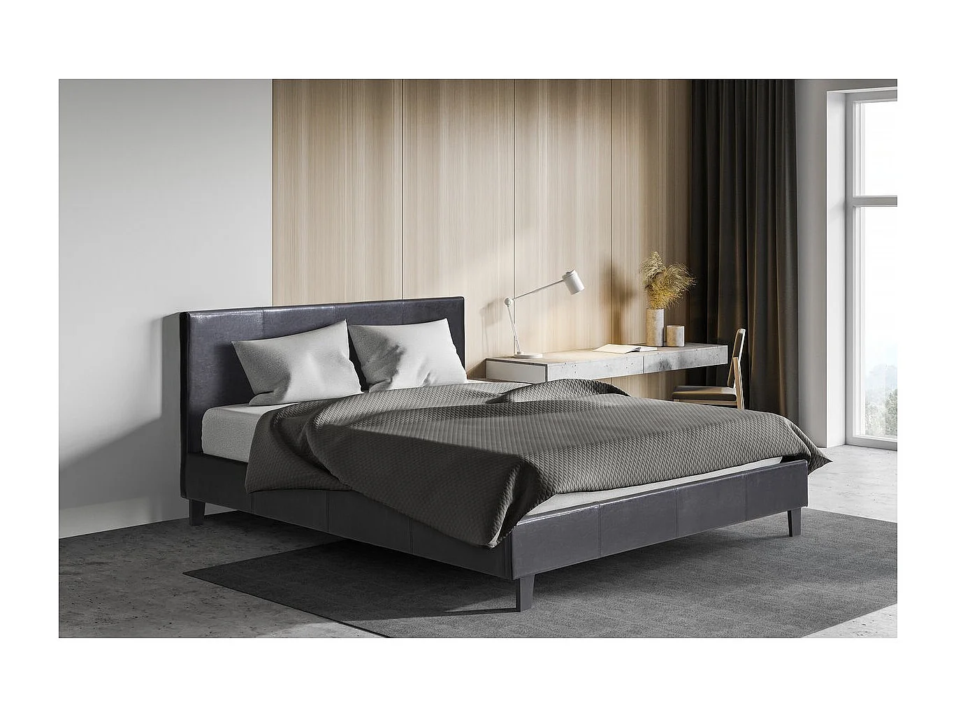 Łóżko Dwuosobowe "Lina" - Czarny Skóropodobny Materiał - 160x200 cm - Konstrukcja Drewniana - Elegancki Design 574259 - obrazek 1