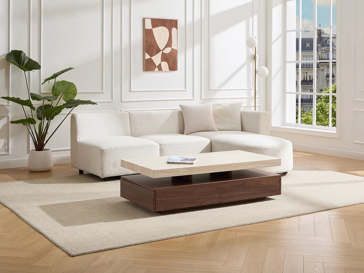 Stolik kawowy z 2 szufladami z MDF – Efekt trawertynu i ciemny naturalny – FELIX 4422309