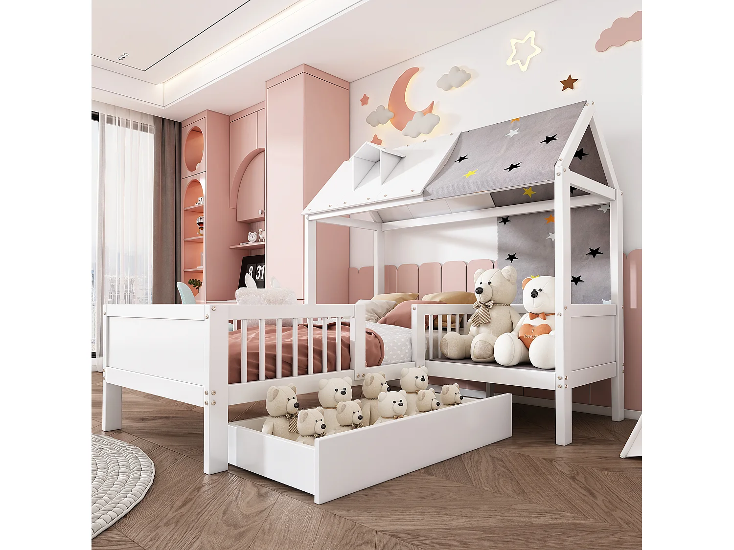 Łóżko domek 90×200 cm dla dzieci z szufladami i stelażem – drewno – białe – bez materaca 4833137