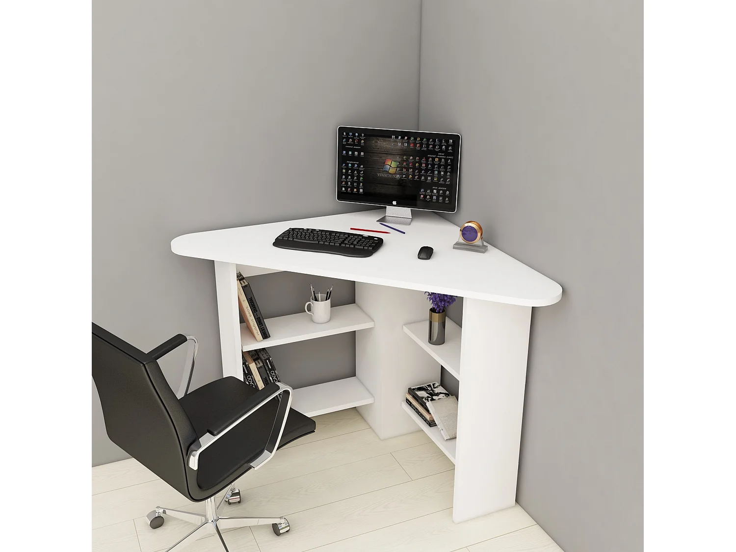 Nowoczesny biały narożny biurko z 4 półkami – 80 x 80 x 73 cm 4833328