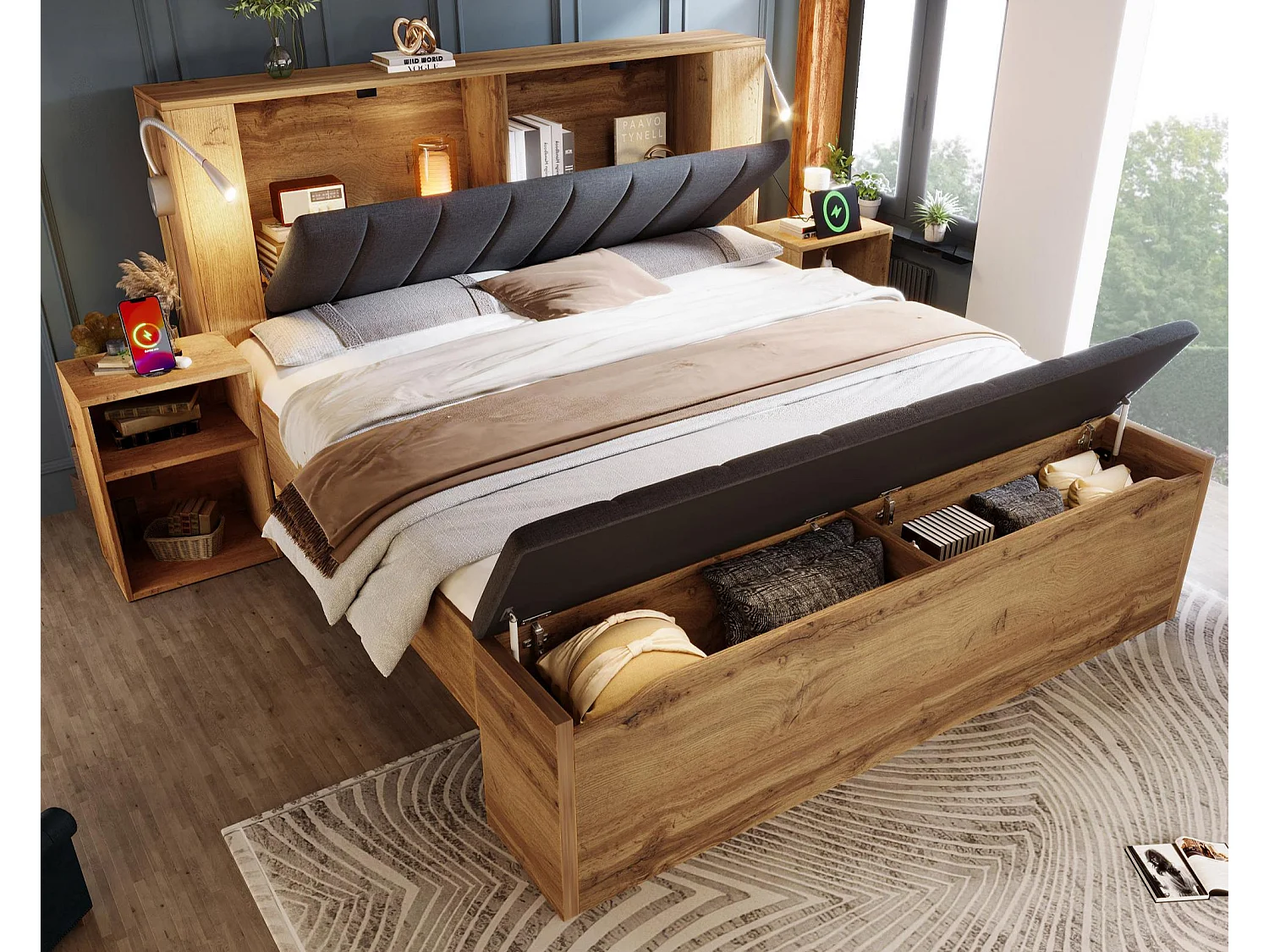 Łóżko dla dorosłych 160×200cm - z lampką do czytania + gniazdkami do ładowania + ławką z pojemnikiem - z 2 stolikami nocnymi - Naturalny 4833400 - obrazek 1