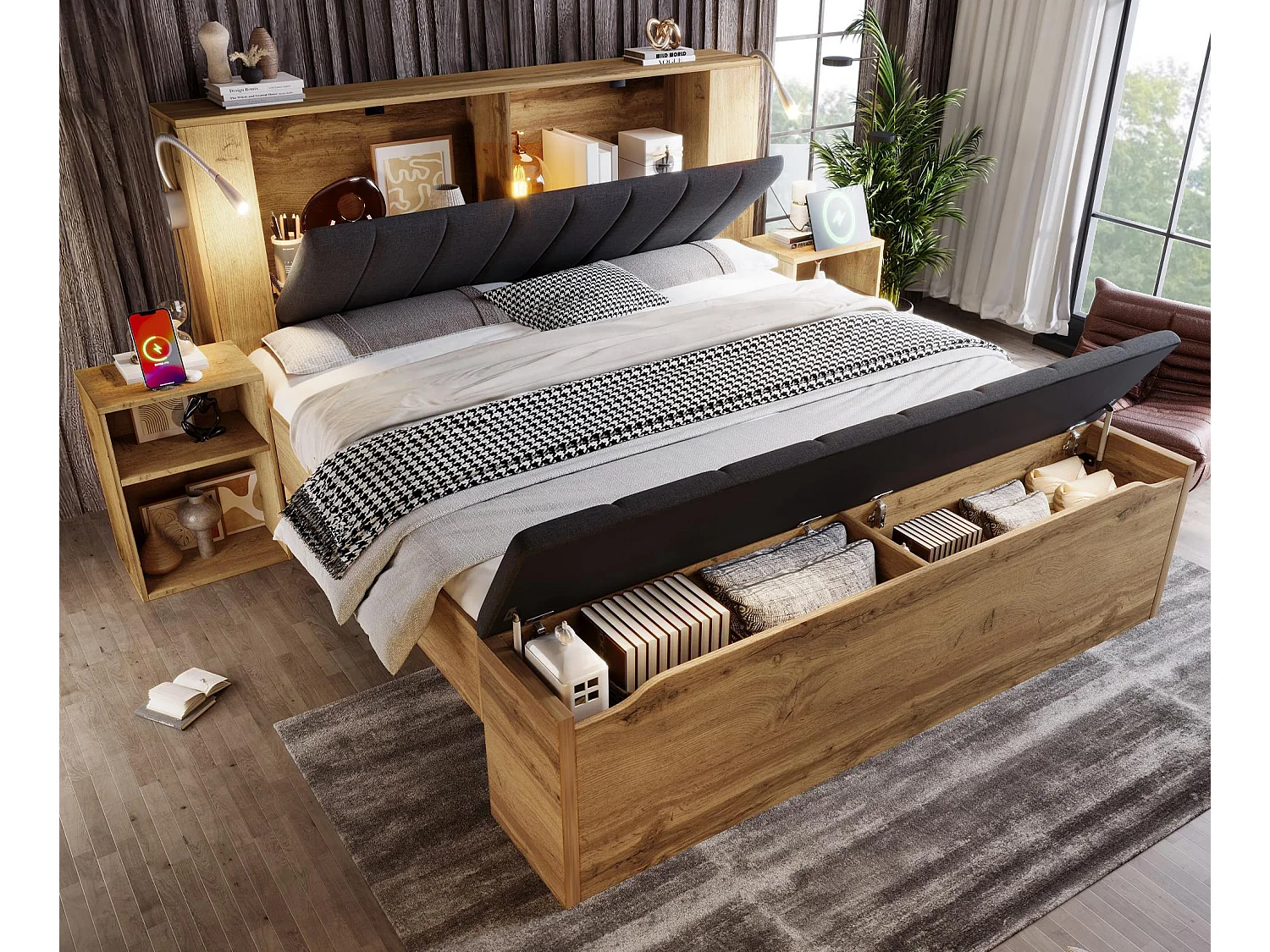Łóżko dla dorosłych 180×200cm - z lampką do czytania + gniazdkami do ładowania + ławką z pojemnikiem - z 2 stolikami nocnymi - Naturalny 4833398 - obrazek 1
