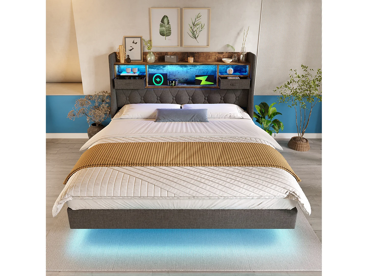 Łóżko dla dorosłych z tapicerka 140x200cm - z oświetleniem LED - z 1 portem Type-C i 3 portami USB - wezgłowie z przechowywaniem - len - Szary 4520908 - obrazek 1
