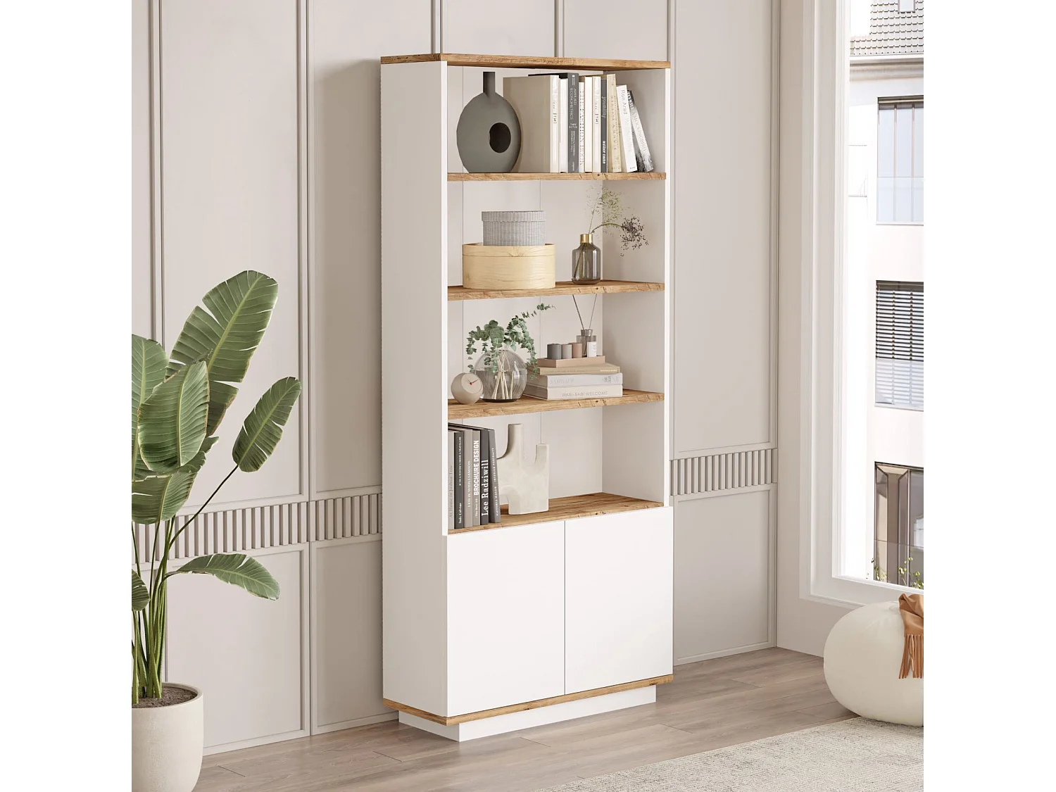 Biała drewniana biblioteczka FR16 75x26x168 cm, 4 półki, 2 drzwi, sosna atlantycka, nowoczesny i solidny design 4833729