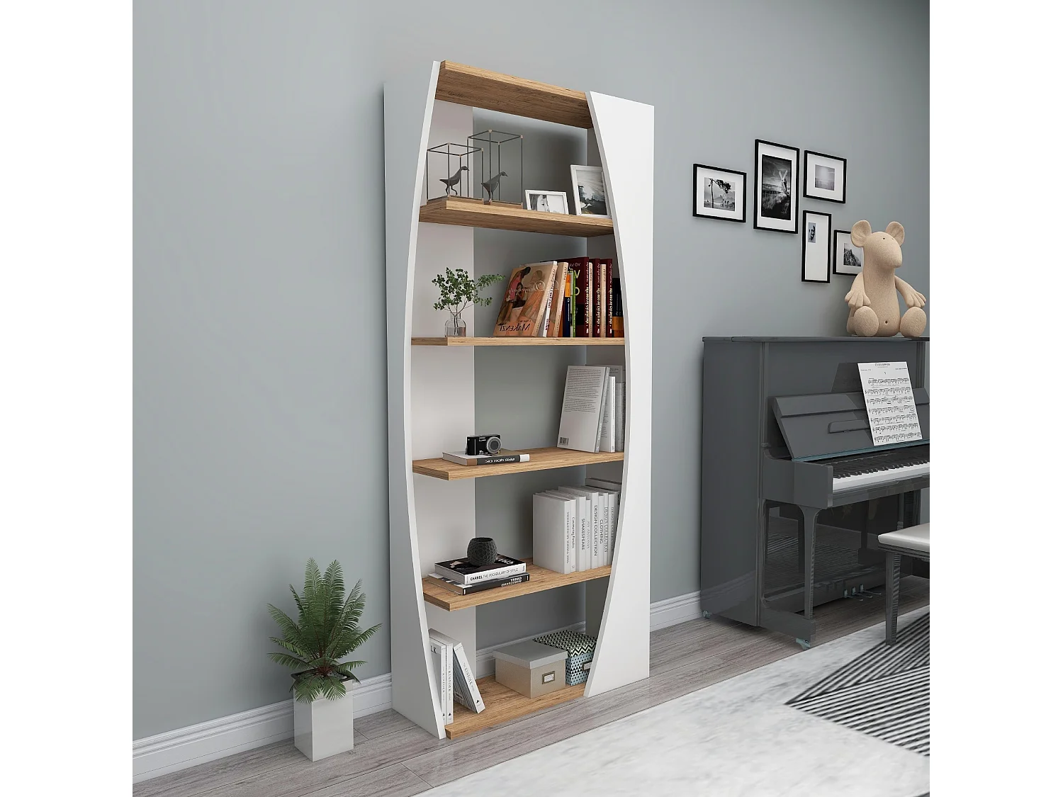 Biała drewniana biblioteczka Selge 63x23x150 cm, 5 półek, sosna atlantycka, nowoczesny i solidny design 4833727