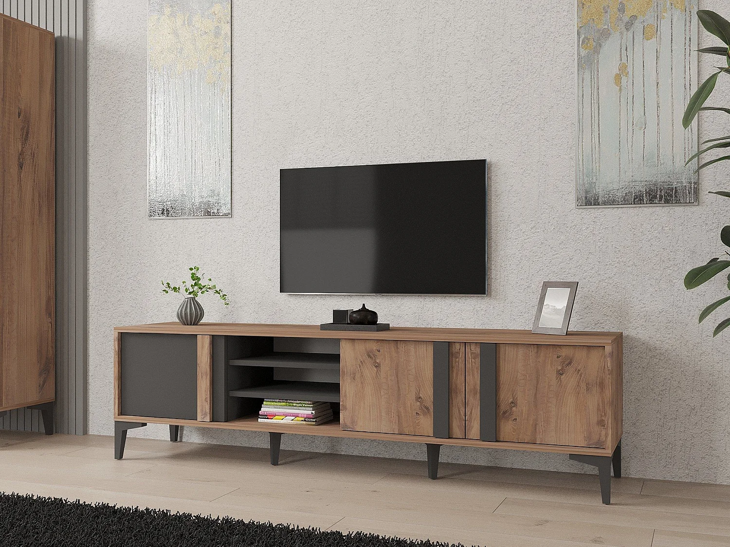 Elegancka szafka pod telewizor – 180 cm – Atlântico i Antracyt – Płyta wiórowa pokryta melaminą 1364923 - obrazek 1