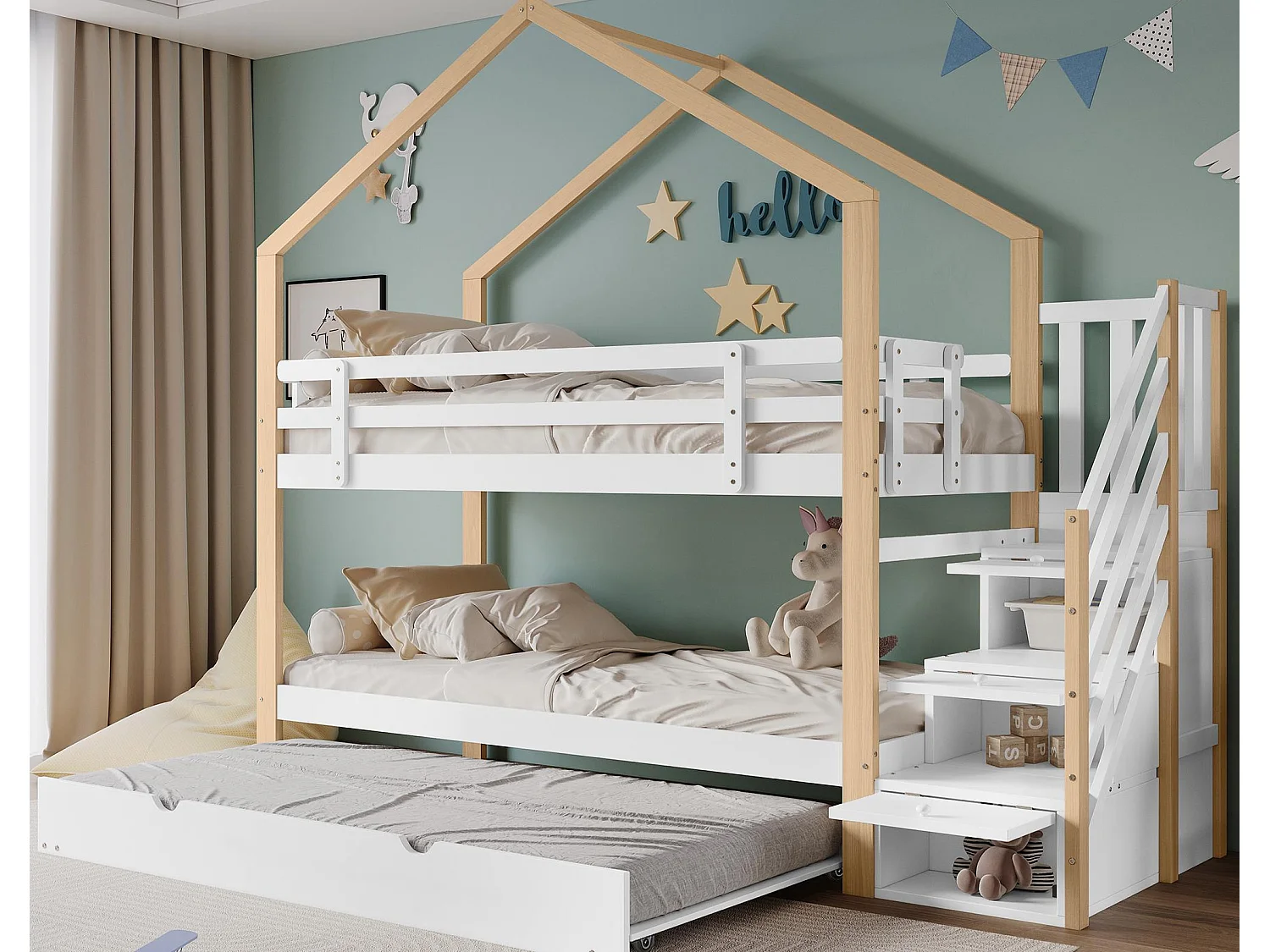 Łóżko piętrowe 90x200cm + łóżko wysuwane 90x190cm – łóżko dziecięce w kabinie ze schodkami do przechowywania – lite drewno – białe 1537671