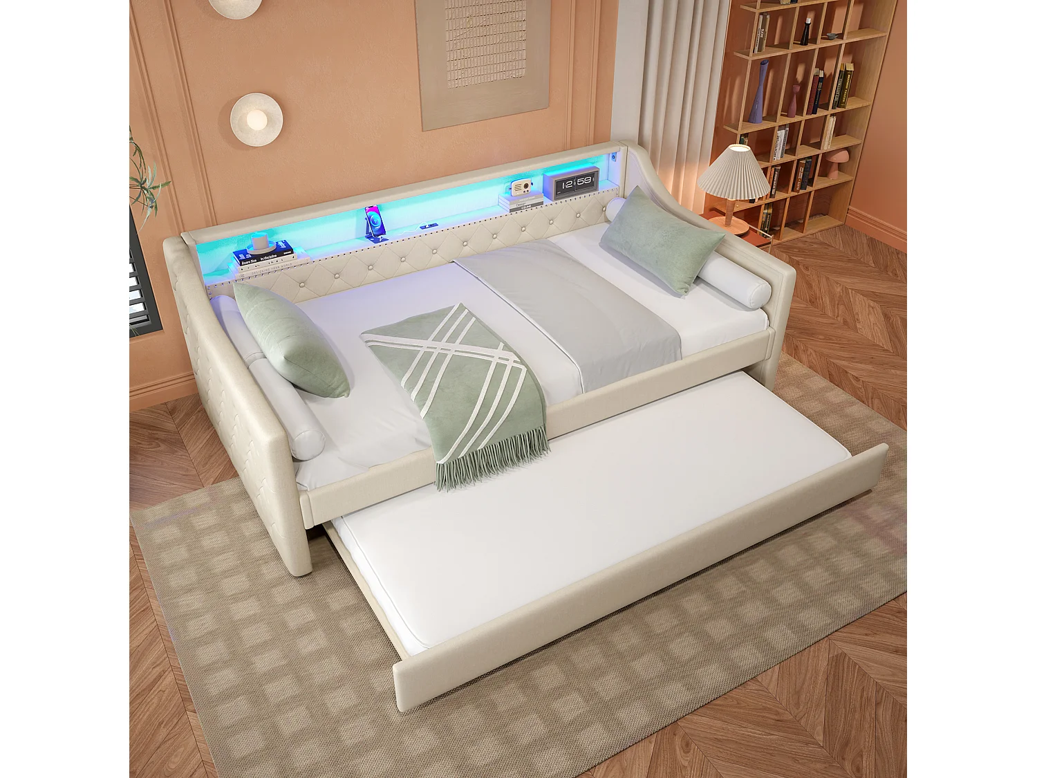 Łóżko piętrowe 90 x 200 cm - z oświetleniem LED i USB - beżowe - bez materaca 4836541 - obrazek 1