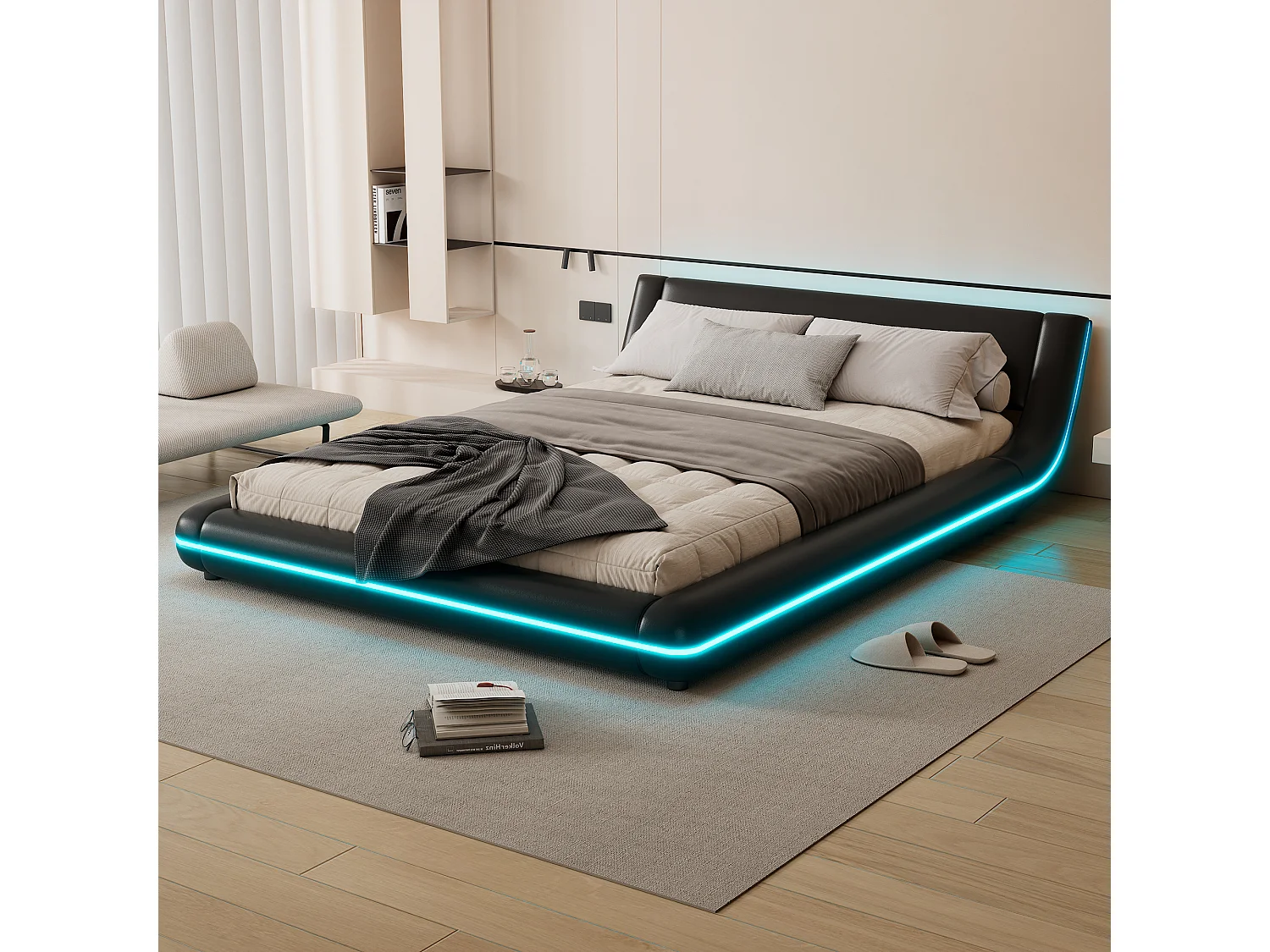 Łóżko dla dorosłych 140×200 cm – z oświetleniem LED, stelaż z listew – czarny poliuretan – materac nie jest wliczony w cenę 4836555