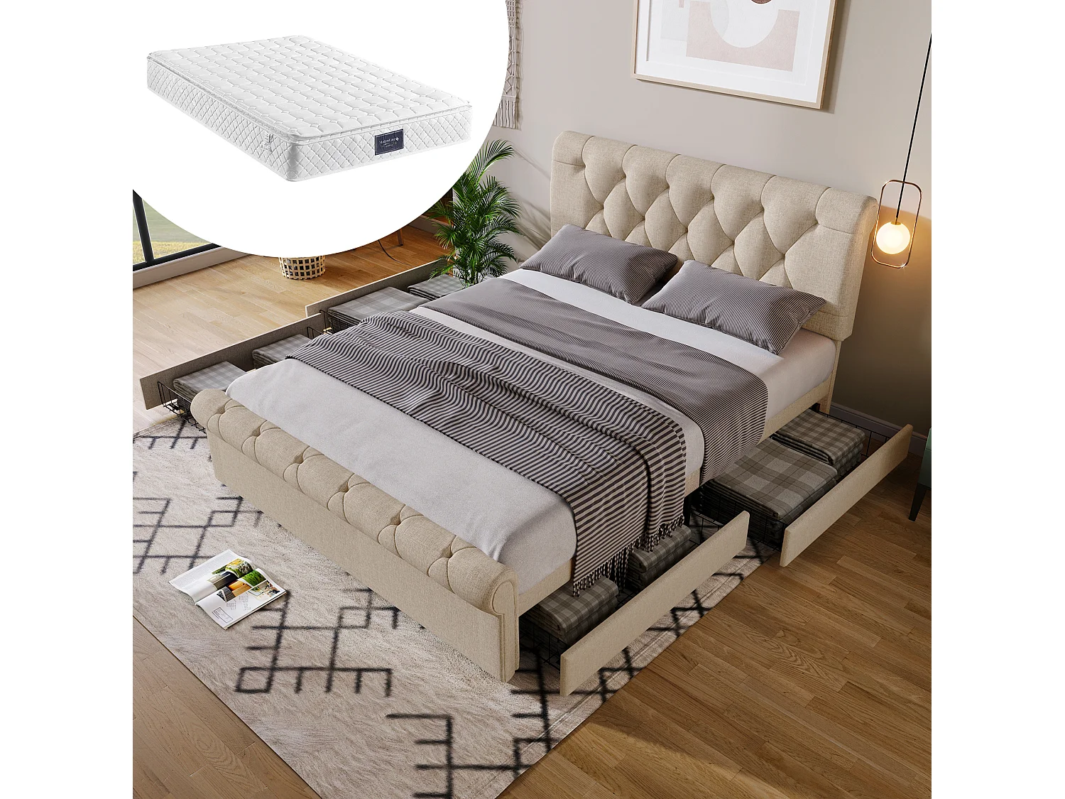 Łóżko dla dorosłych 140x200 cm – z regulowanym zagłówkiem i 4 szufladami – Naturalny len – Materac wliczony w cenę 4836554 - obrazek 1