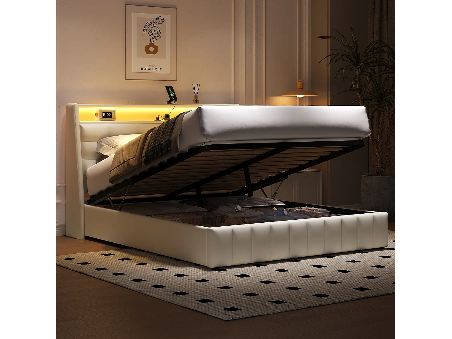 Łóżko dla dorosłych 160 x 200 cm - z Zagłówek z diodami LED i USB – Biały PU – Materac nie jest wliczony w cenę 4836566 - obrazek 1