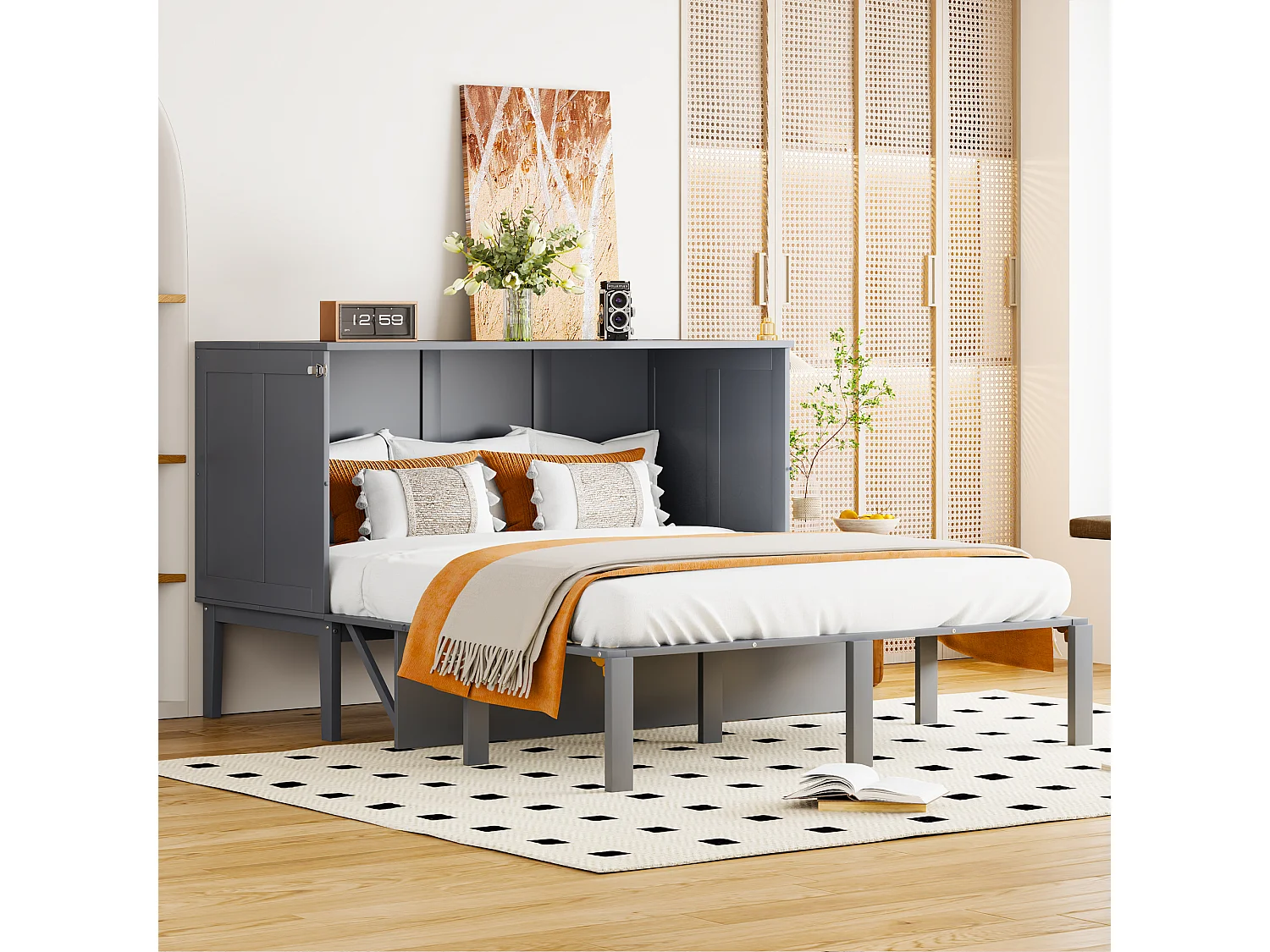 Łóżko chowane w szafie 140x200 cm - łóżko składane w ścianie, łóżko pionowe Łóżko listewkowe w ścianie - szare 4836584 - obrazek 1