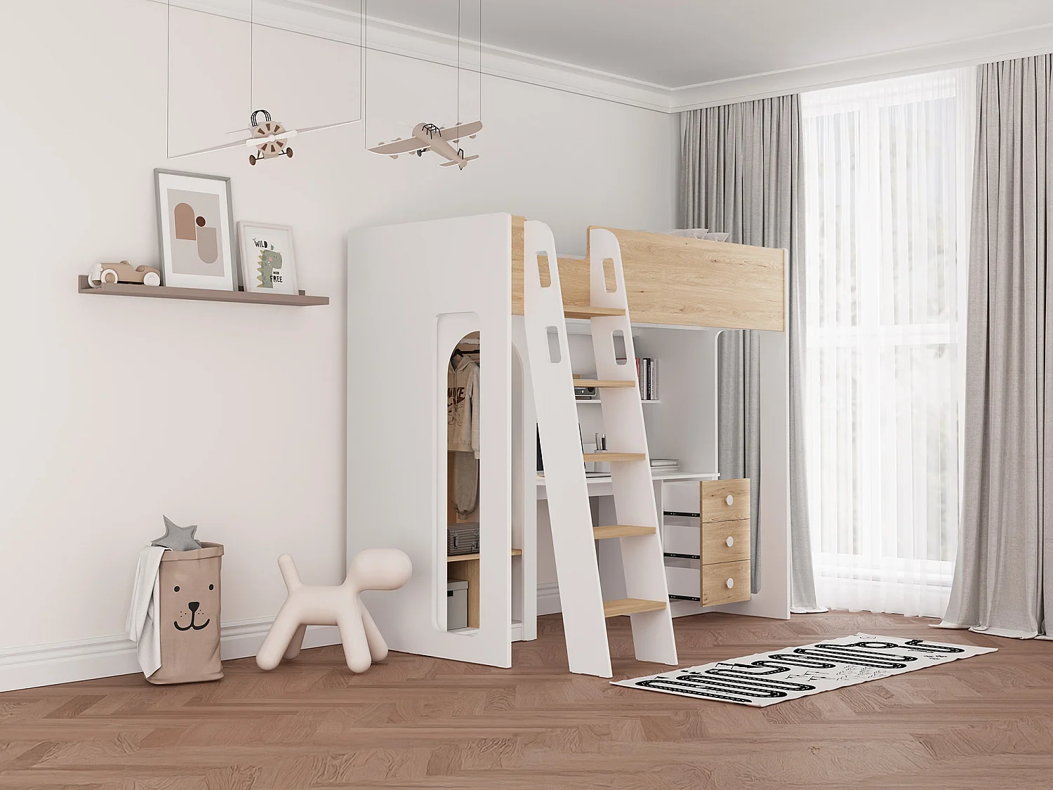Łóżko antresola 90 x 190 cm z szafą i biurkiem – Kolor: Naturalny i biały – ALVENOU 4621310