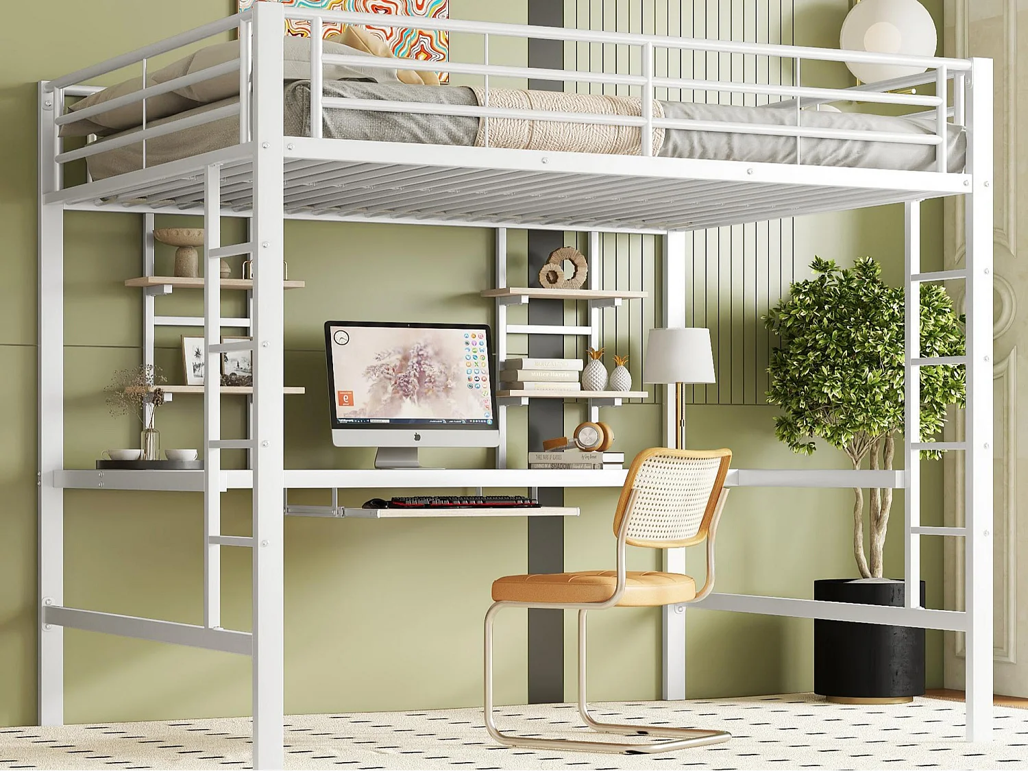 Łóżko mezzanine 140x200cm - z biurkiem i półkami - metalowa rama - Biała 3599754 - obrazek 1