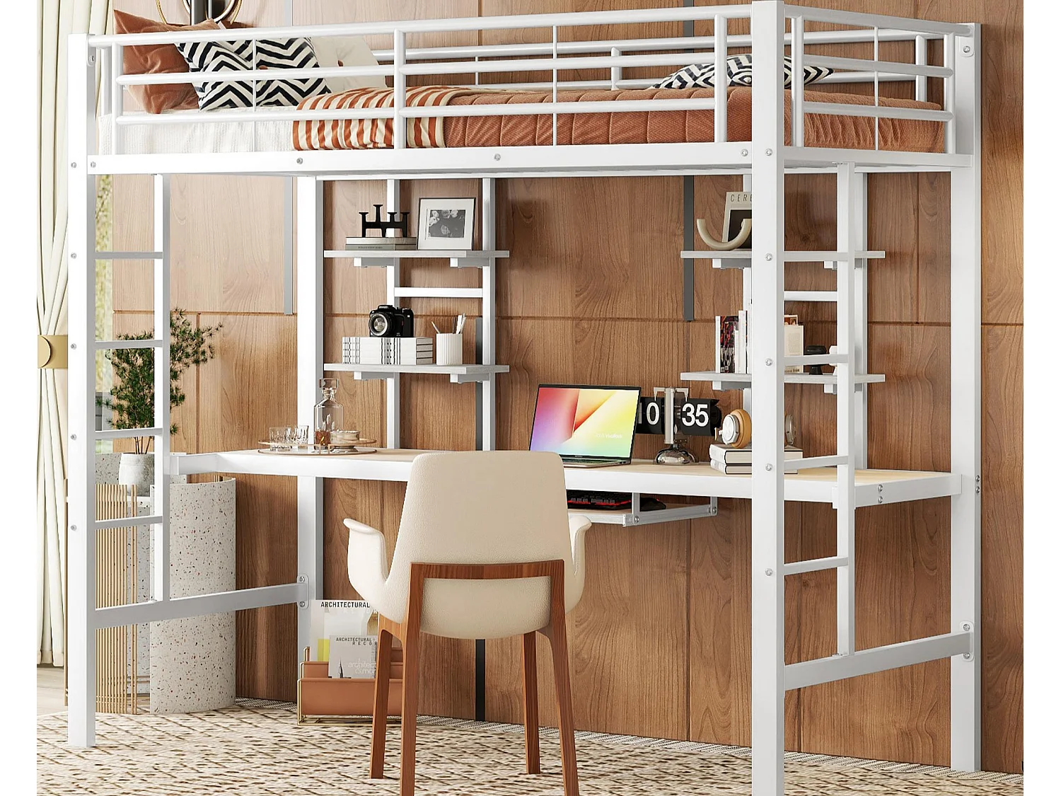 Łóżko mezzanine 90x200cm - z biurkiem i półkami - metalowa rama - Biała 3599757 - obrazek 1