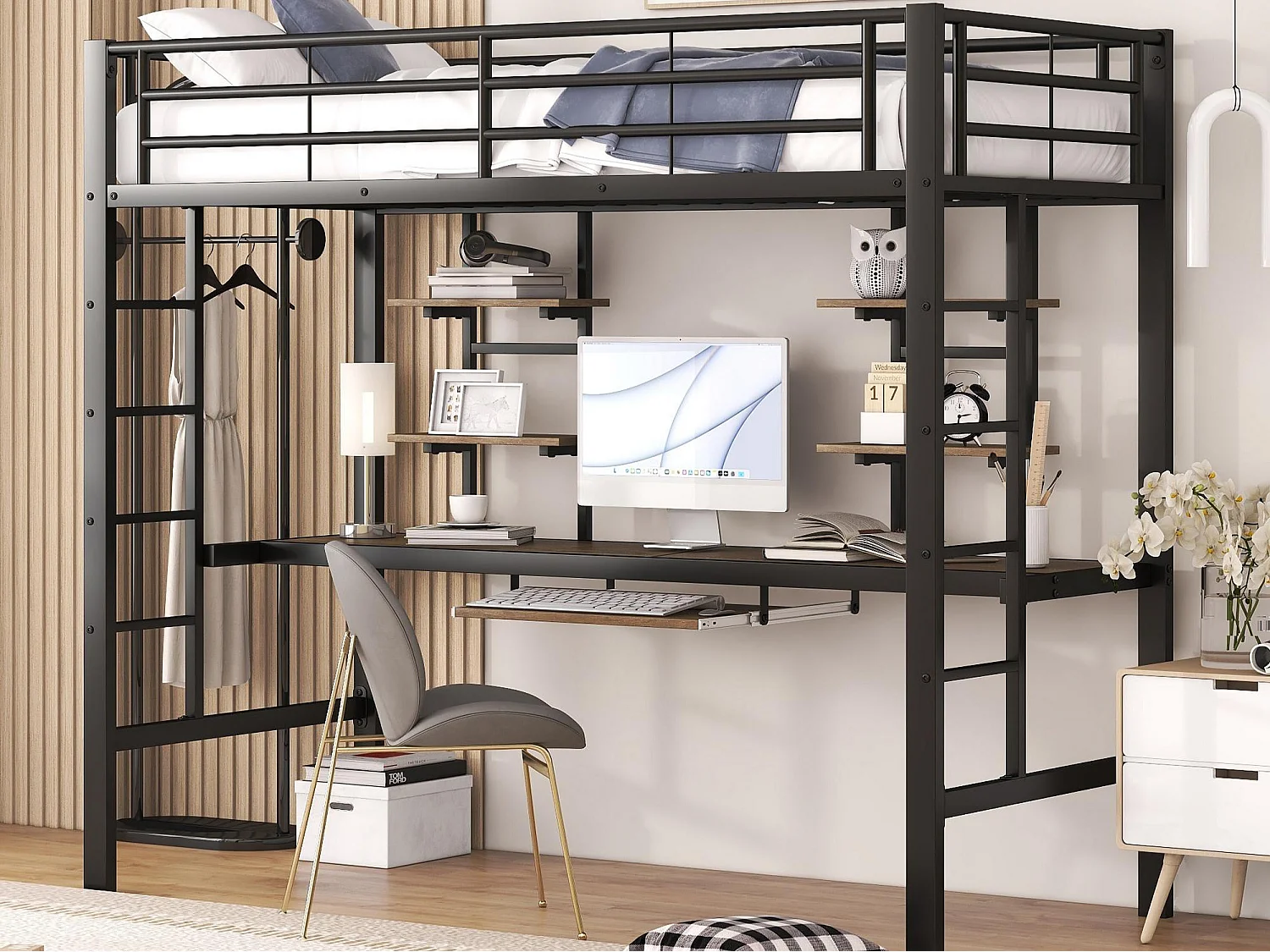 Łóżko mezzanine 90x200cm - z biurkiem i półkami - metalowa rama - Czarny 1402309 - obrazek 1