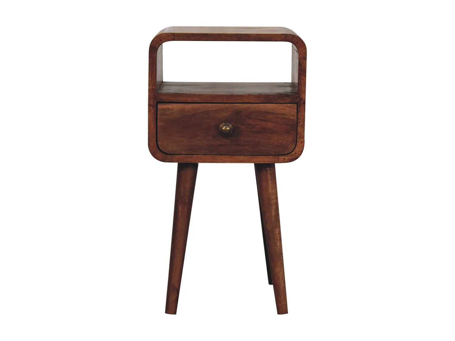 Artisan Furniture Łukowaty stolik nocny z litego drewna w kolorze miodowo-karmelowym, 1 szuflada i otwarta półka, ciemnobrązowy 4838830 - obrazek 1