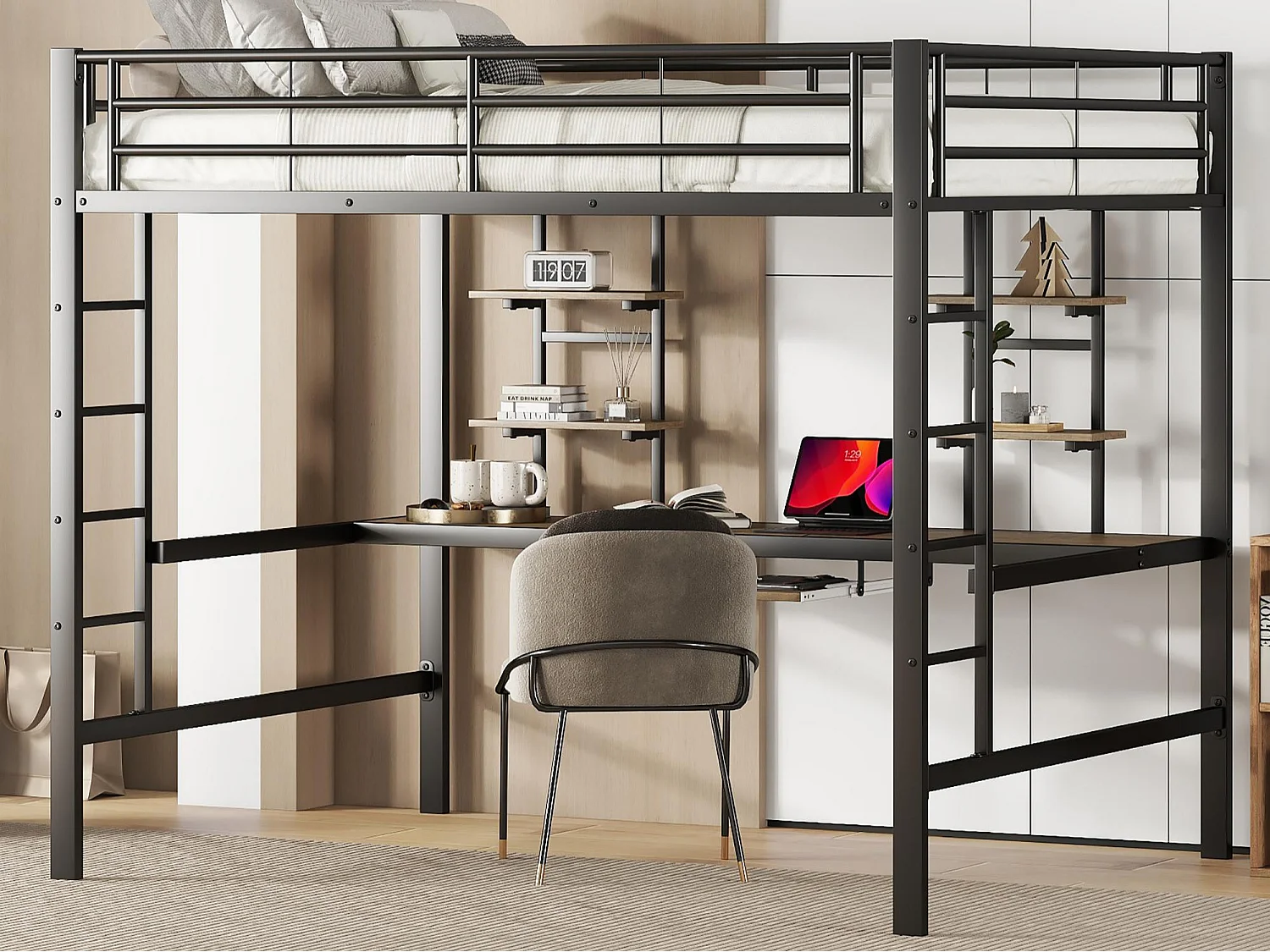 Łóżko mezzanine 140x200cm - z biurkiem i półkami - metalowa rama - Czarny 1811343 - obrazek 1