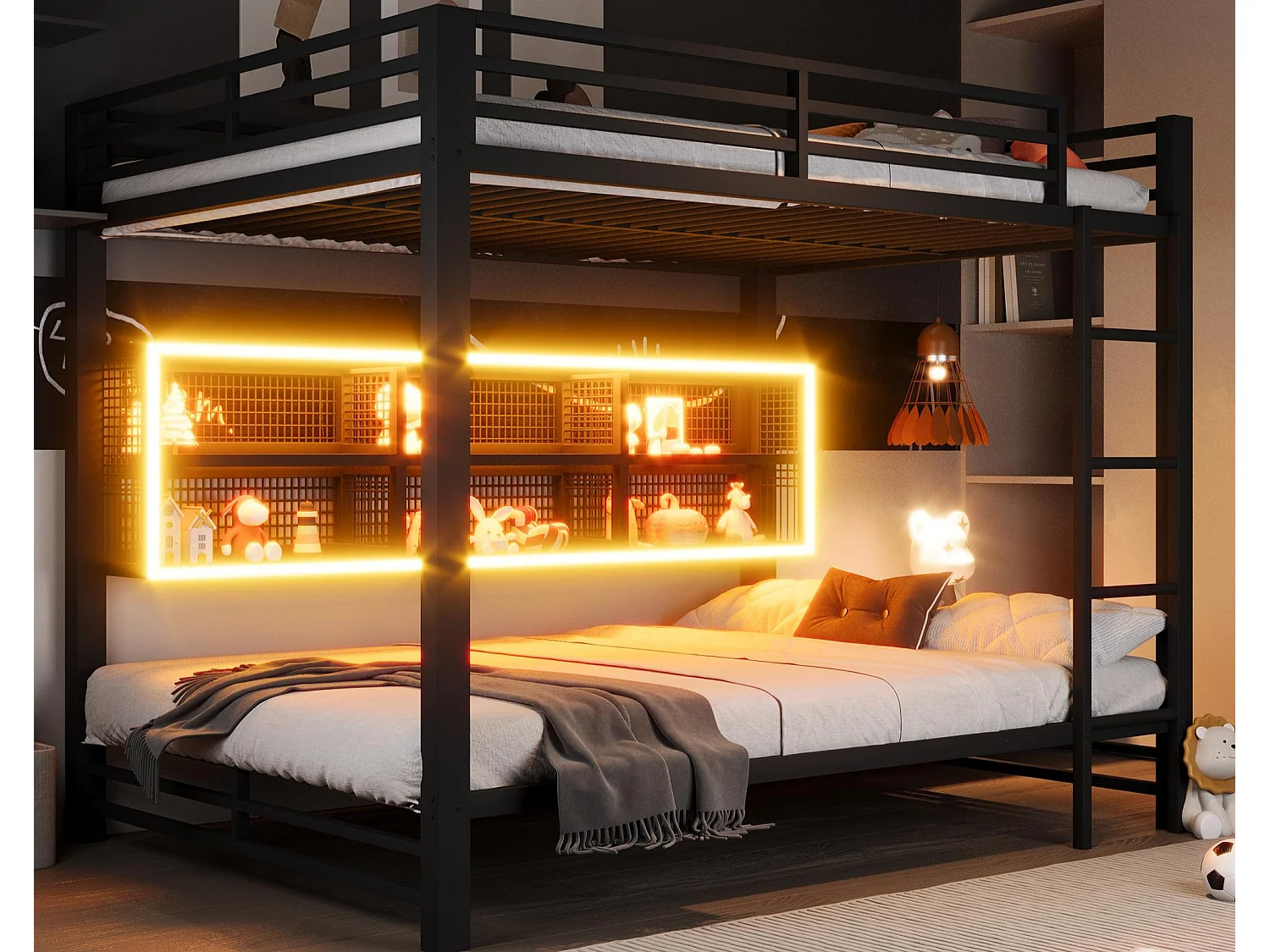 Łóżko piętrowe 140×200 cm – z oświetleniem LED – 6 przegródek do przechowywania – z barierkami bezpieczeństwa – Czarny​ (materac nie jest wliczony w cenę) 4839069