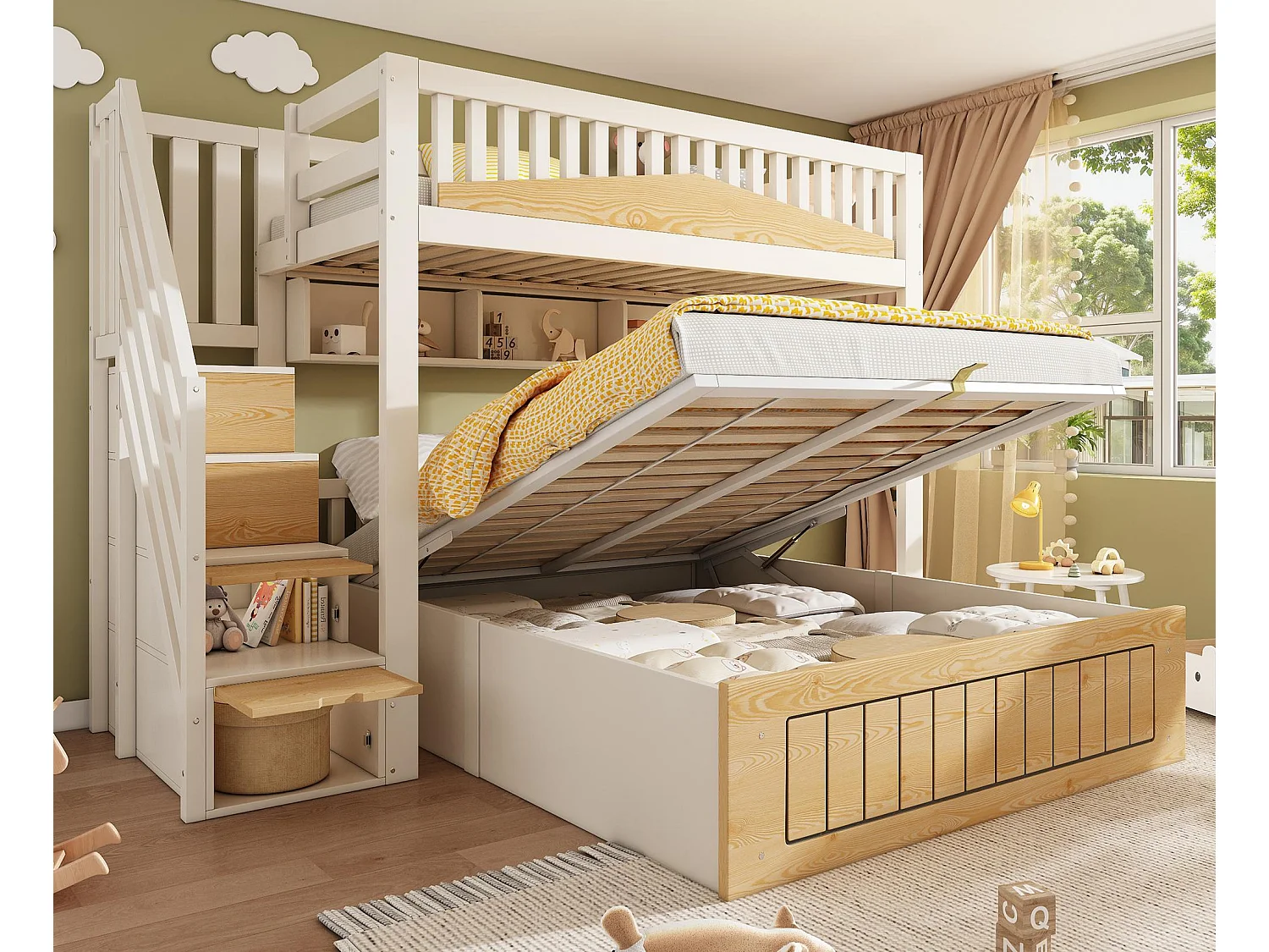 Łóżko piętrowe 90x200cm + 140x200cm – Dolne łóżko z miejscem do przechowywania – drabina z pojemnikami – z portem USB – Biały+Naturalny​ (bez materaca) 4839071