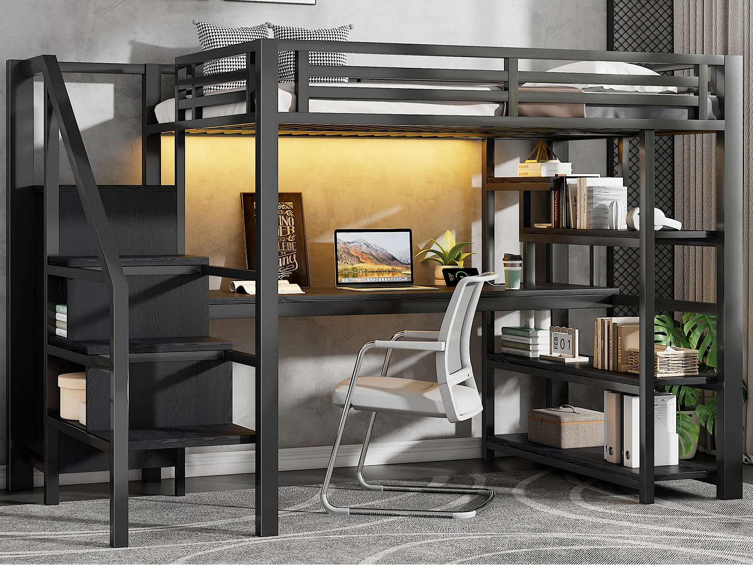 Łóżko na antresoli metalowe 140x200cm - z otwartą szafą i biurkiem - LED i port USB - z drabiną z pojemnikami i półkami - Czarny 4839093 - obrazek 1