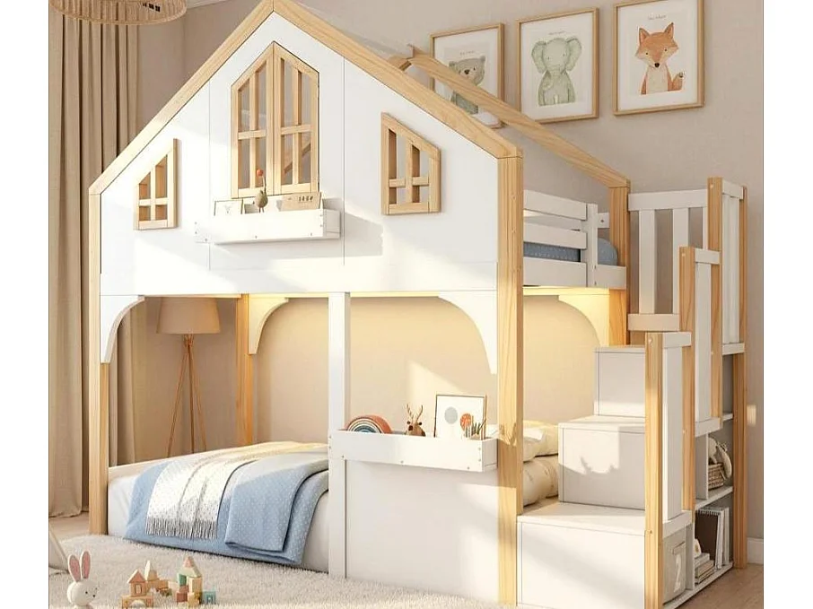 Łóżko na antresoli dziecięce 90x200 cm - z oświetleniem LED - Schody z pojemnikami - Lite drewno i MDF - Biały + naturalny​ (bez materaca) 4839098 - obrazek 1