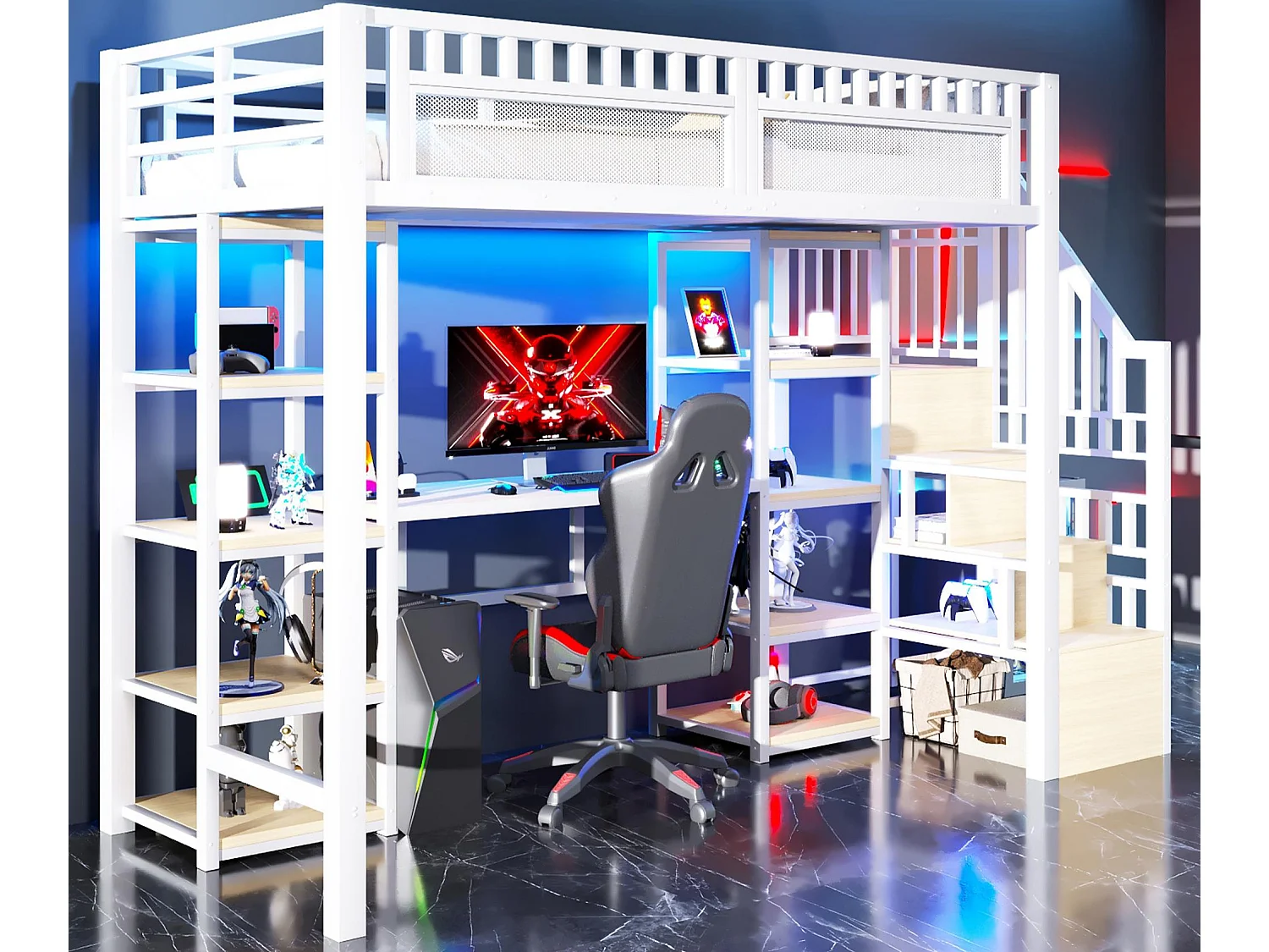 Łóżko na antresoli 90x200 cm - Zintegrowana drabina z pojemnikami - Wbudowane biurko - Listwa LED + port USB - biały​ (materac nie jest wliczony w cenę) 4839101 - obrazek 1