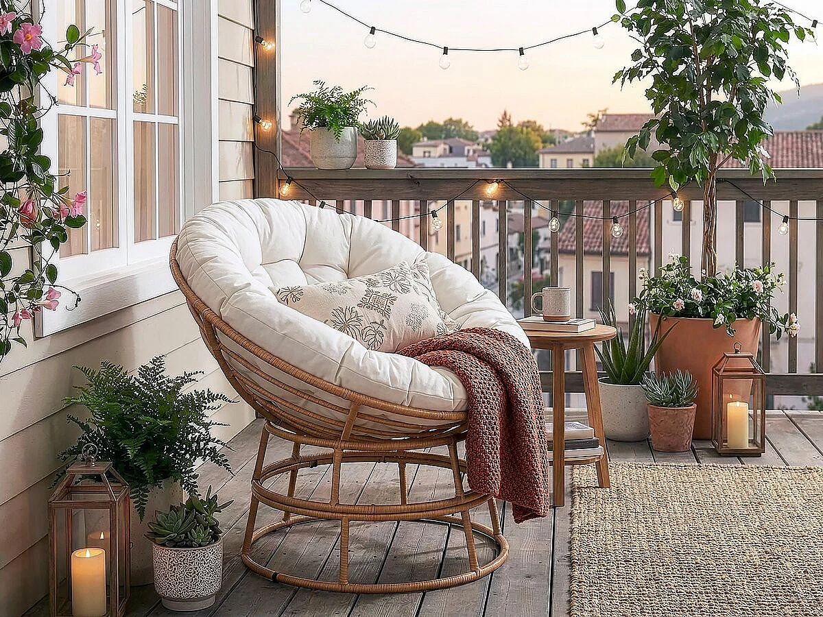 Fotel Papasan Loveuse „Bali” Beżowy Ø91cm Metal i Rattan Żywica z Grubą Poduszką Komfort Wewnętrzny Zewnętrzny 4839785