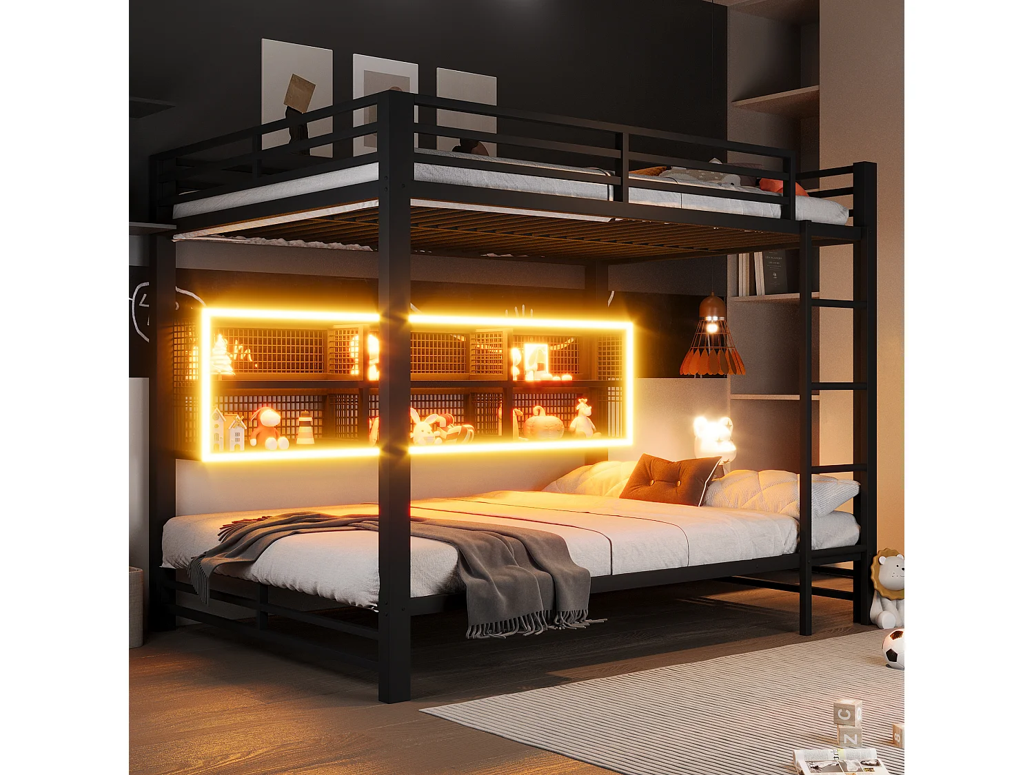 Łóżko piętrowe dla dzieci - 2 x 140 x 200 cm - z półką + diody LED - metalowe - czarne 4840094 - obrazek 1
