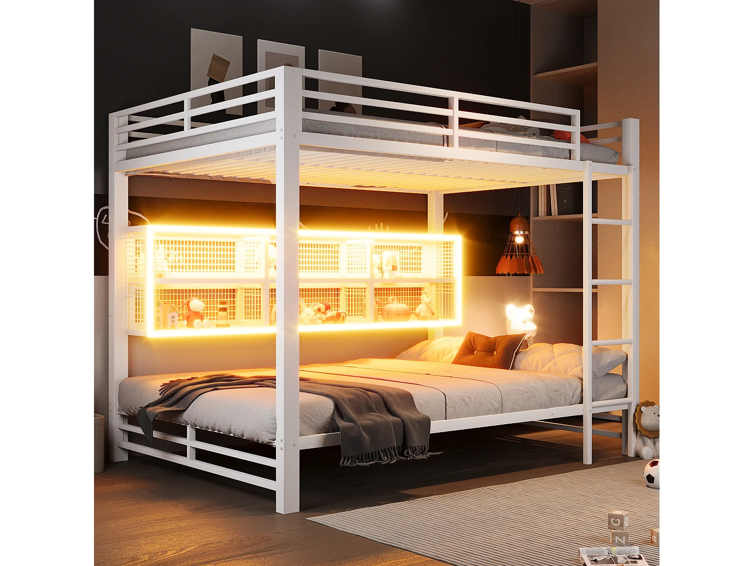 Łóżko piętrowe dla dzieci - 2 x 140 x 200 cm - z półką + diody LED - metalowe - białe 4840096 - obrazek 1