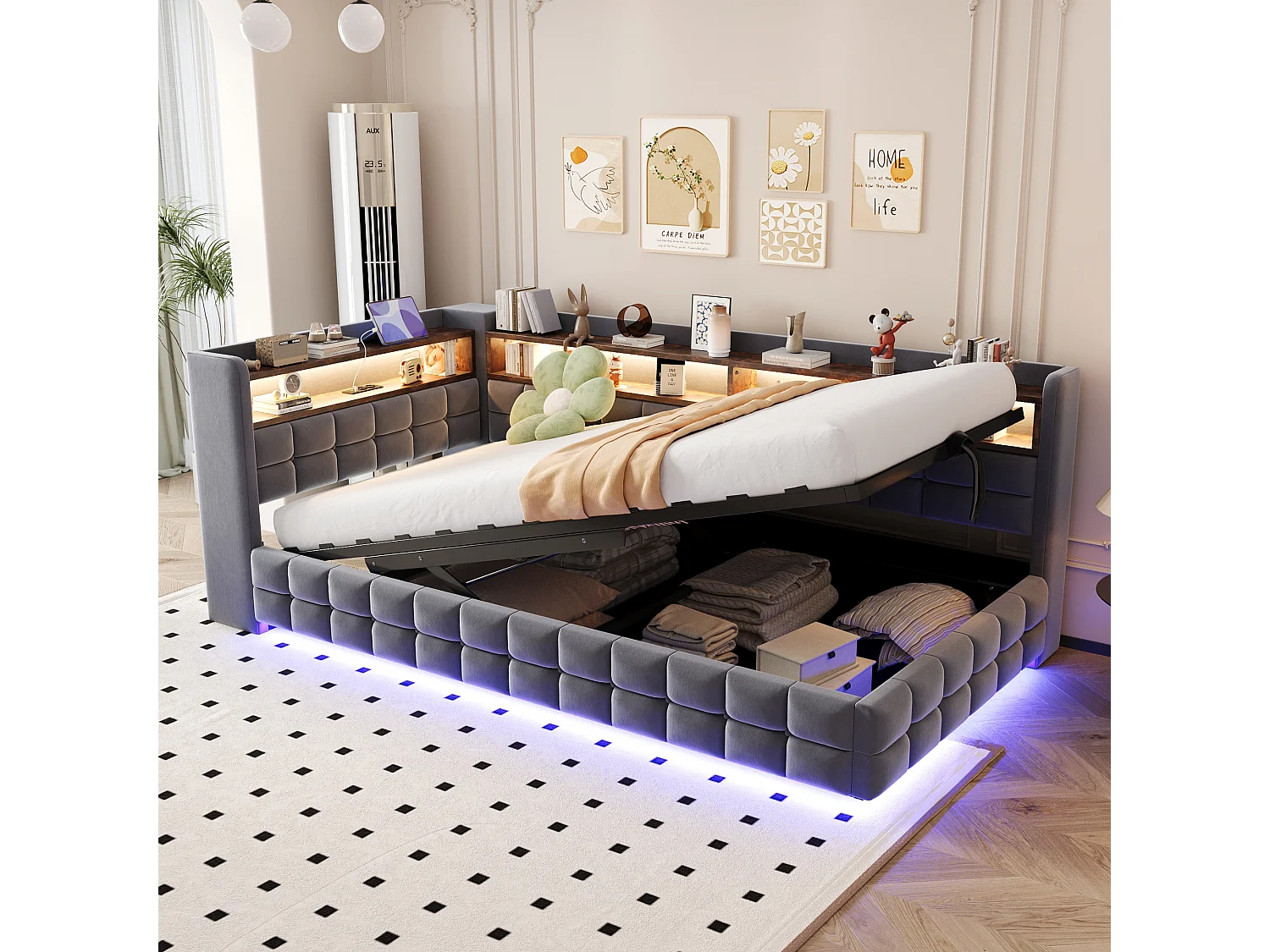 Łóżko dziecięce z pojemnikiem - 90 x 200 cm - sofa tapicerowana z funkcją spania, z hydraulicznym pojemnikiem + półka + diody LED - welur - szary 4840111 - obrazek 1