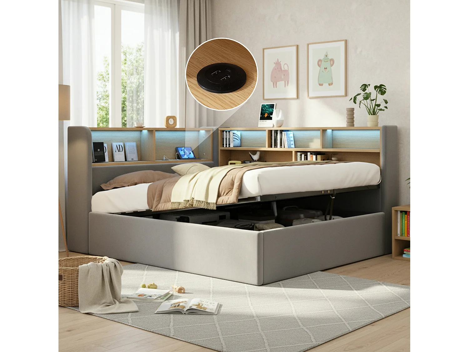 Łóżko dziecięce hydrauliczne ze schowkiem - 140 x 200 cm - sofa tapicerowana z funkcją spania i półką + LED + USB - welur - szary 4840113 - obrazek 1