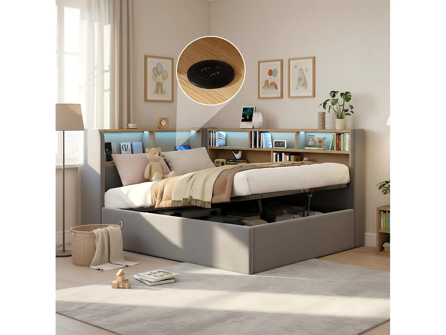 Łóżko dziecięce hydrauliczne ze schowkiem - 90 x 200 cm - sofa tapicerowana z funkcją spania i półką + LED + USB - welur - szary 4840110 - obrazek 1