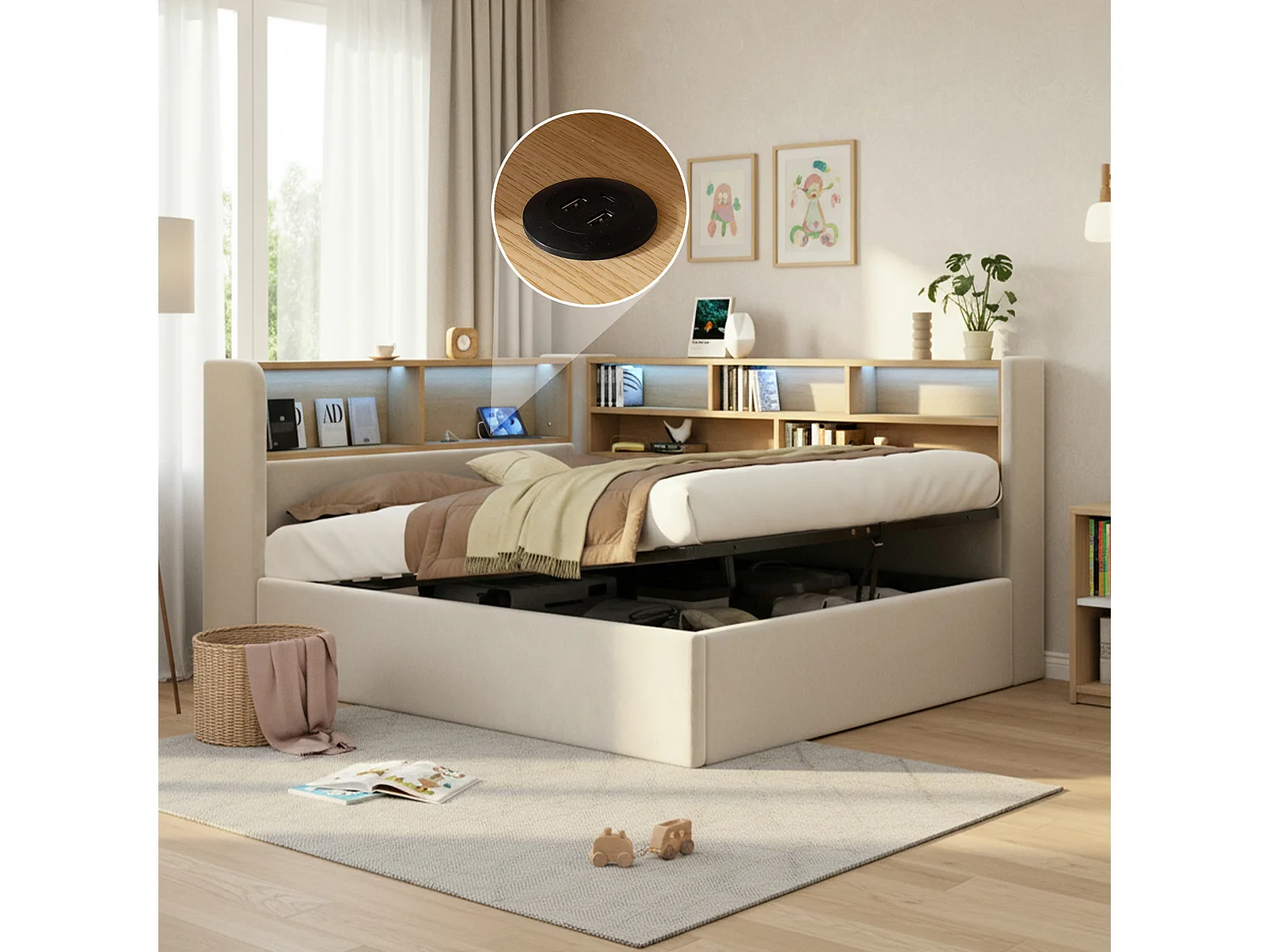 Łóżko dziecięce hydrauliczne ze schowkiem - 140 x 190 cm - sofa tapicerowana z funkcją spania i półką + LED + USB - welur - beż 4840115 - obrazek 1