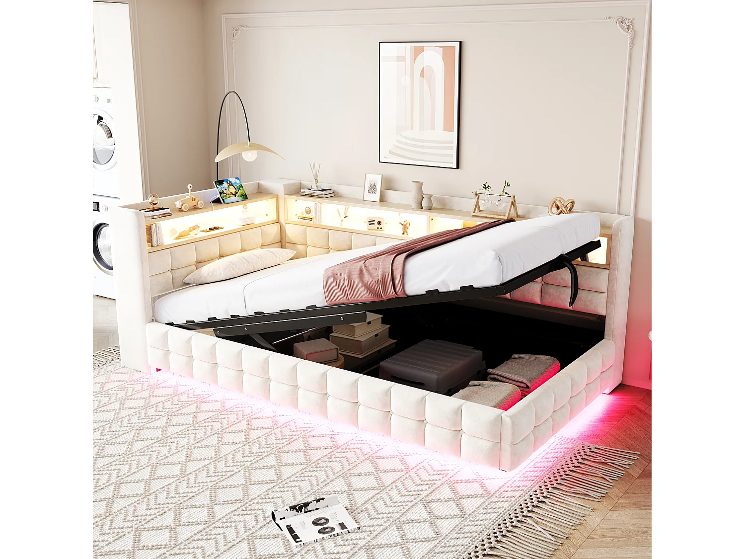 Łóżko dziecięce z pojemnikiem - 90 x 200 cm - sofa tapicerowana z funkcją spania, z hydraulicznym pojemnikiem + półka + diody LED - welur - beż 4840119 - obrazek 1