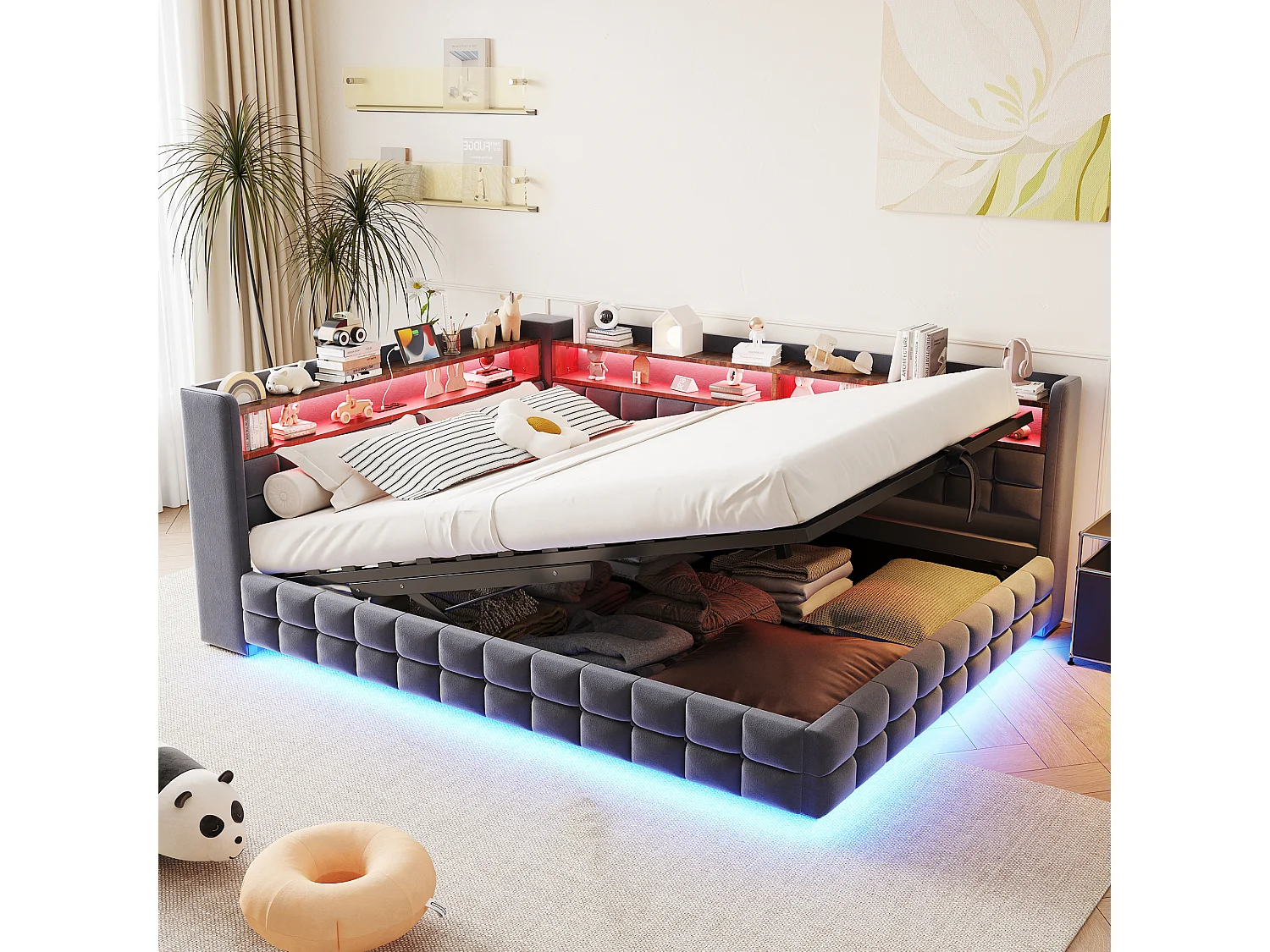 Łóżko dziecięce z pojemnikiem - 140 x 200 cm - sofa tapicerowana z funkcją spania, z hydraulicznym pojemnikiem + półka + diody LED - welur - szary 4840116 - obrazek 1