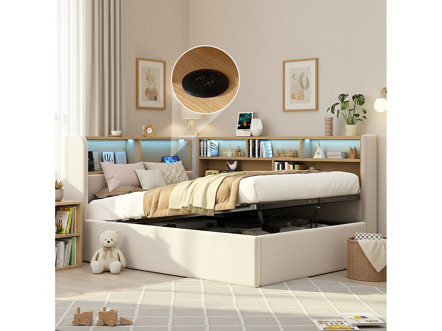 Łóżko dziecięce hydrauliczne ze schowkiem - 90 x 200 cm - sofa tapicerowana z funkcją spania i półką + LED + USB - welur - beż 4840120 - obrazek 1