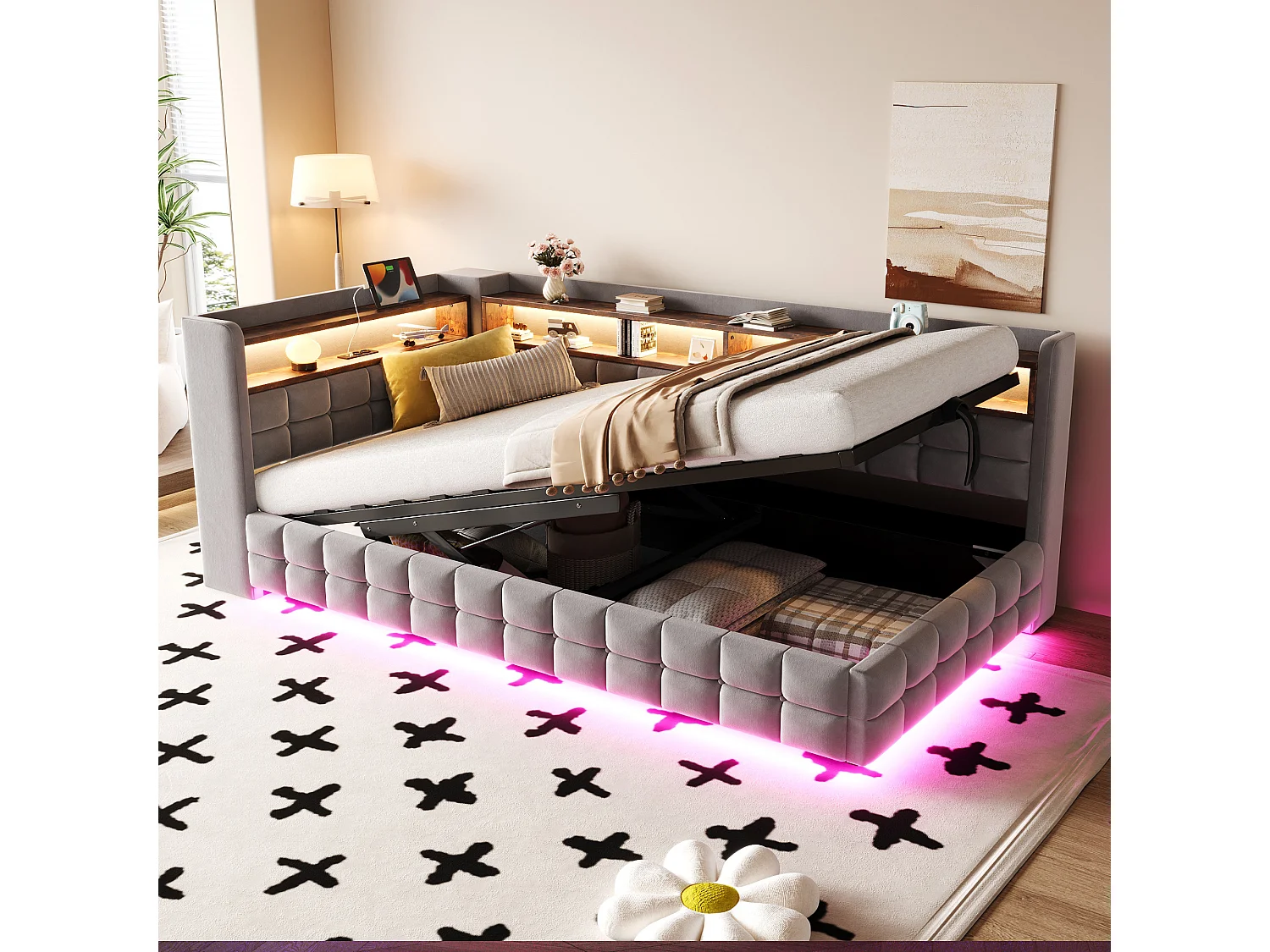 Łóżko dziecięce z pojemnikiem - 90 x 200 cm - sofa tapicerowana z funkcją spania, z hydraulicznym pojemnikiem + półka + diody LED - welur - jasnoszary 4840122 - obrazek 1