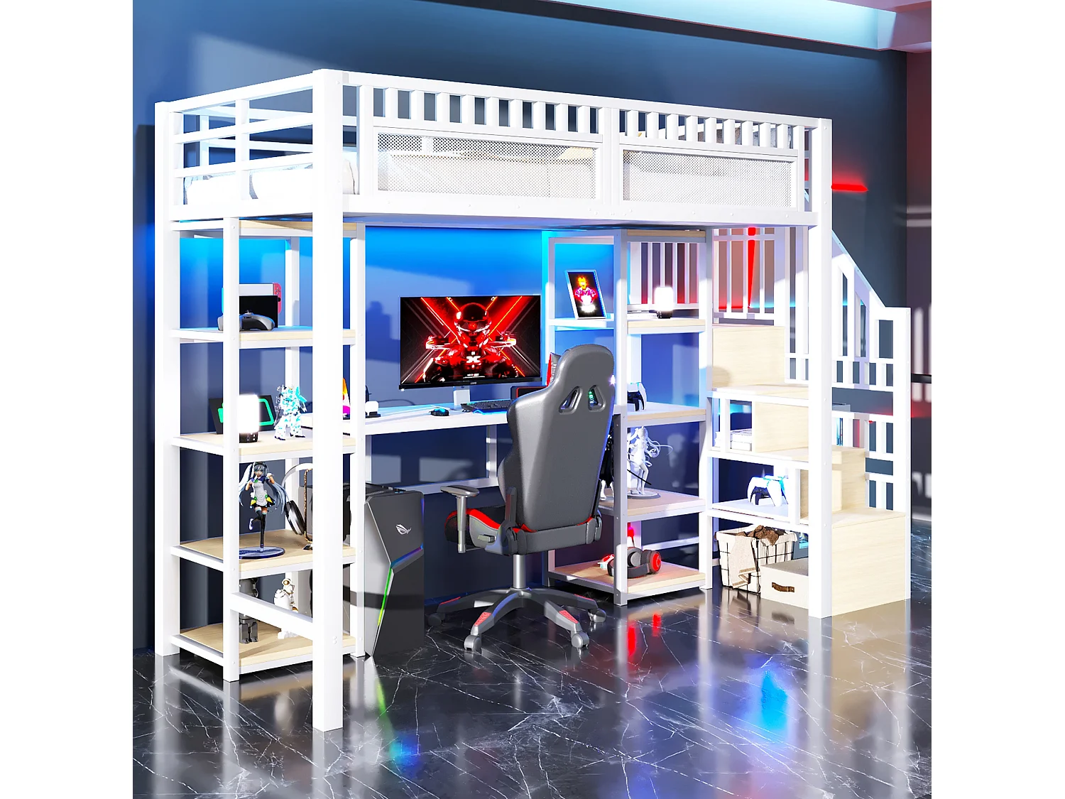 Łóżko piętrowe dla dzieci - 90 x 200 cm - rama żeliwna - z biurkiem + diody LED + port USB + półka + drabinka - metalowe - białe 4840131 - obrazek 1