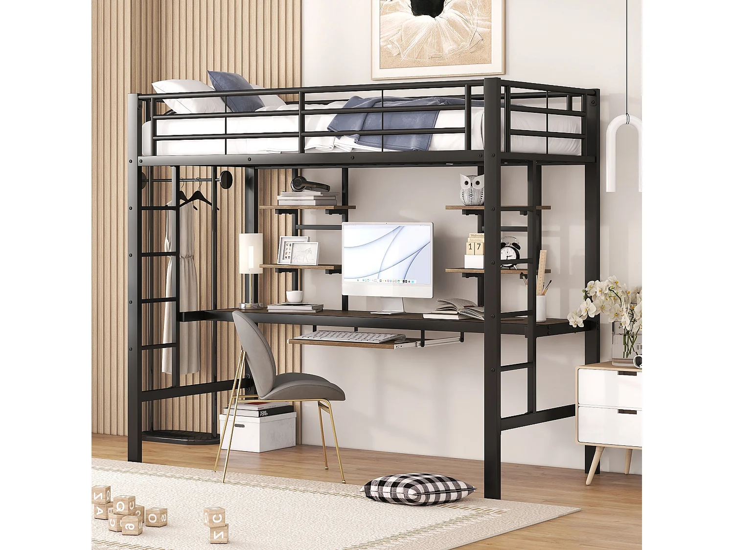 Łóżko piętrowe dla dzieci - 90 x 200 cm - z biurkiem i półkami - metal i płyta MDF - czarne 4840137 - obrazek 1